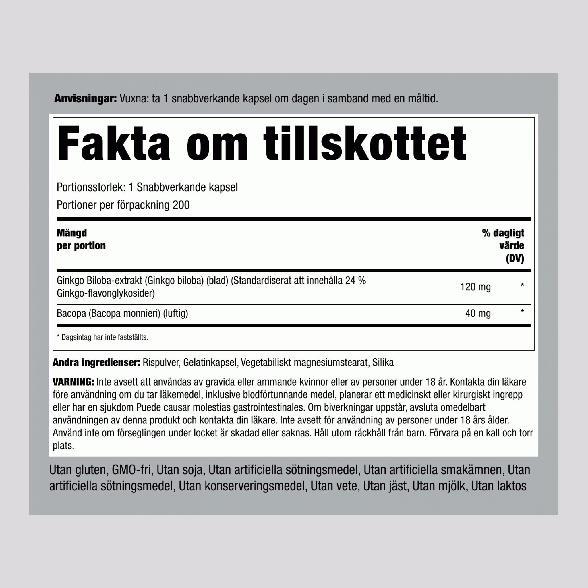 Kinesiskt Tempelträds Standardiserat Extrakt 120 mg 200 Snabbverkande kapslar     