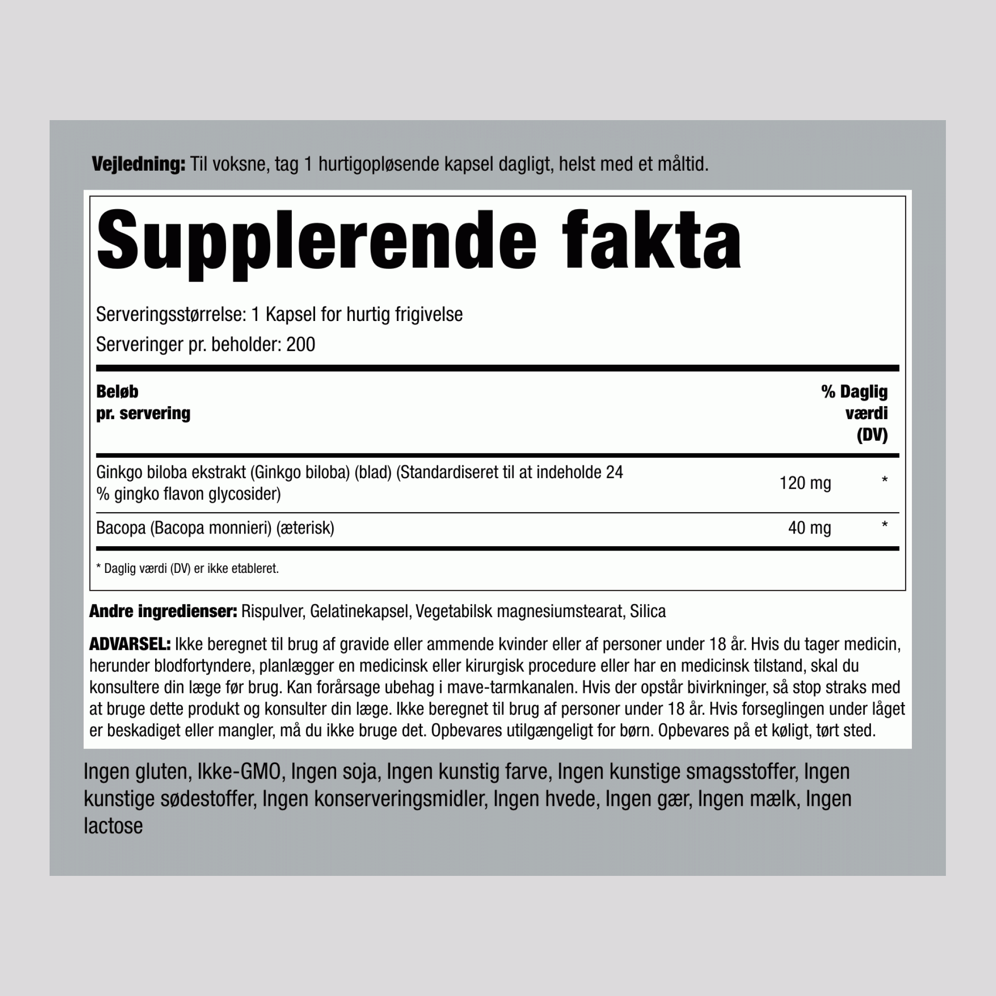 Ginkgo Biloba Standardiseret Ekstrakt,  120 mg 200 Kapsler for hurtig frigivelse 2 Flasker