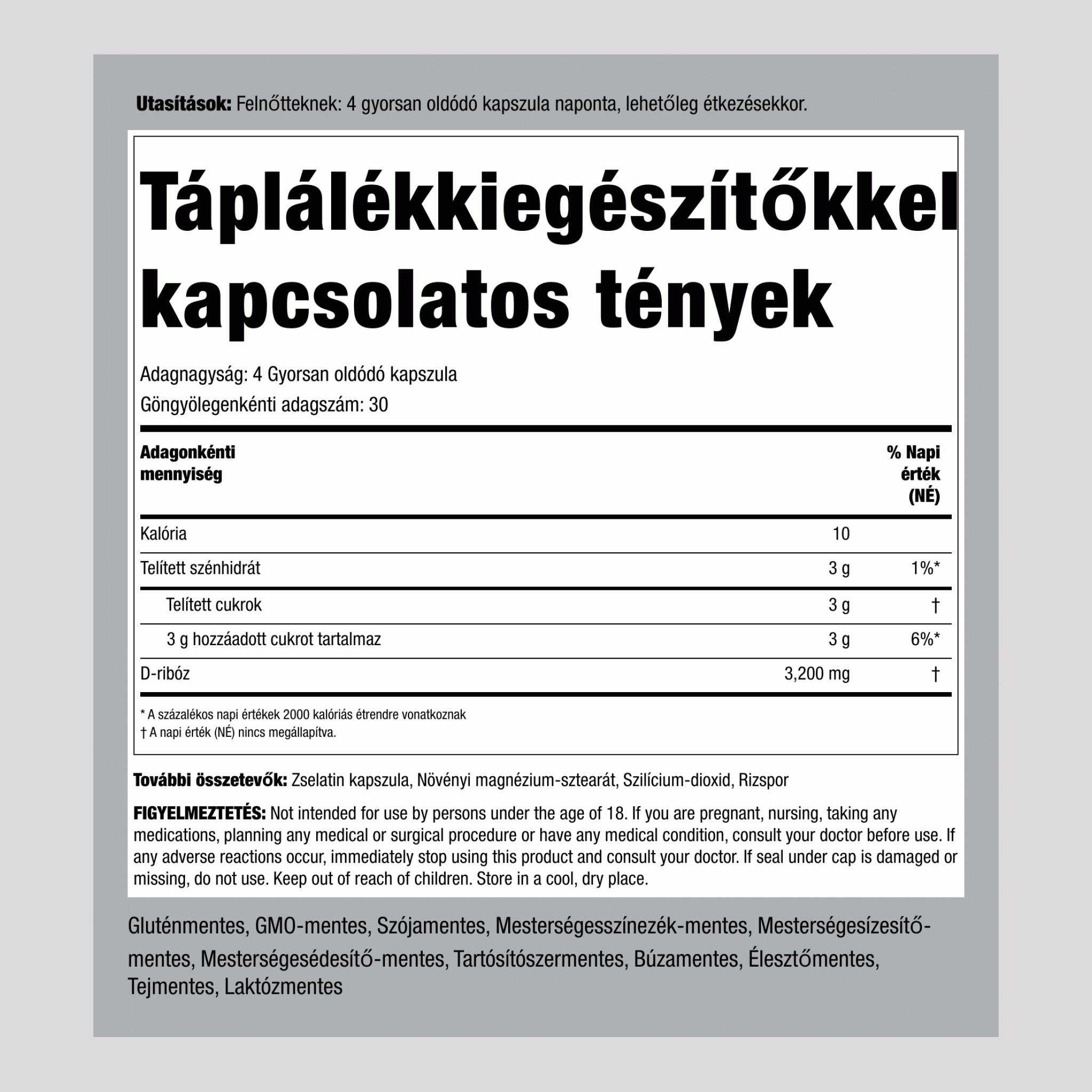 100% Tiszta D-Ribóz, 3200 mg (adagonként), 120 Gyorsan Oldódó Kapszula