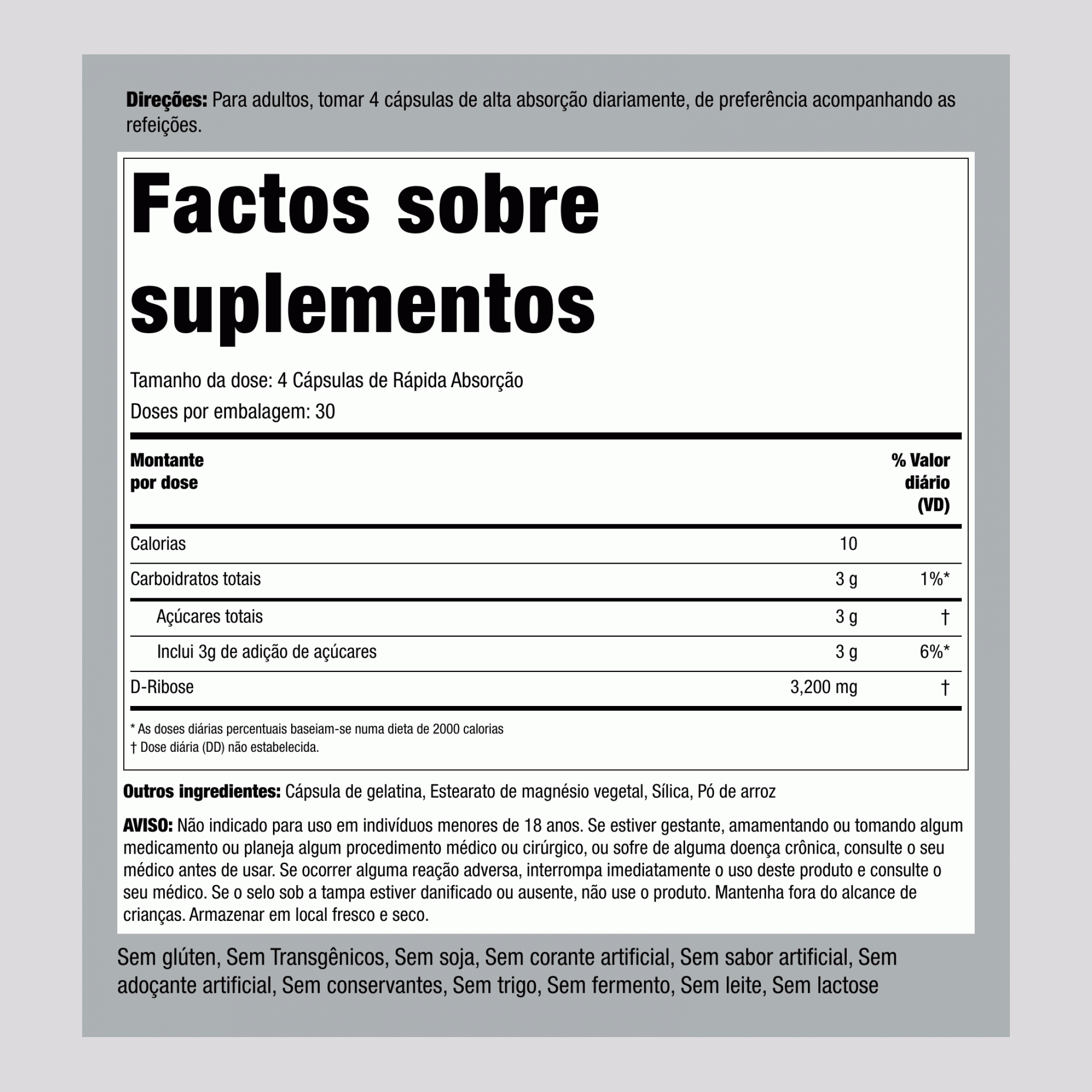 D-Ribose 100% Puro, 3200 mg (por porção), 120 Cápsulas de Liberação Rápida