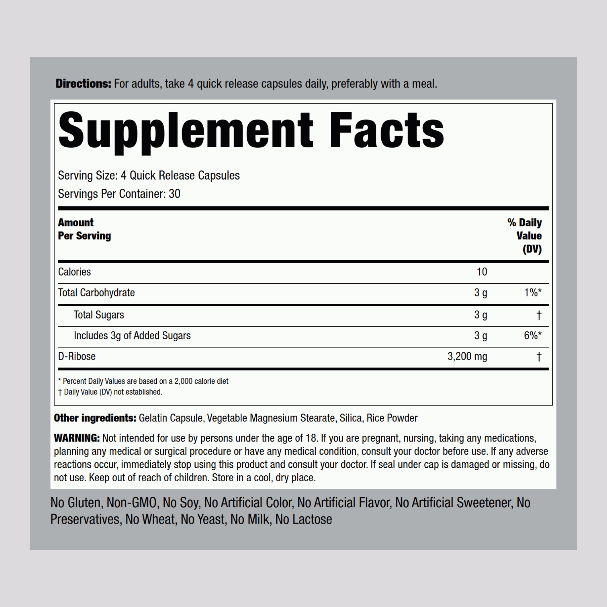 D-Ribose 100% Pure, 3200 mg (per serving), 120 Quick Release Capsules