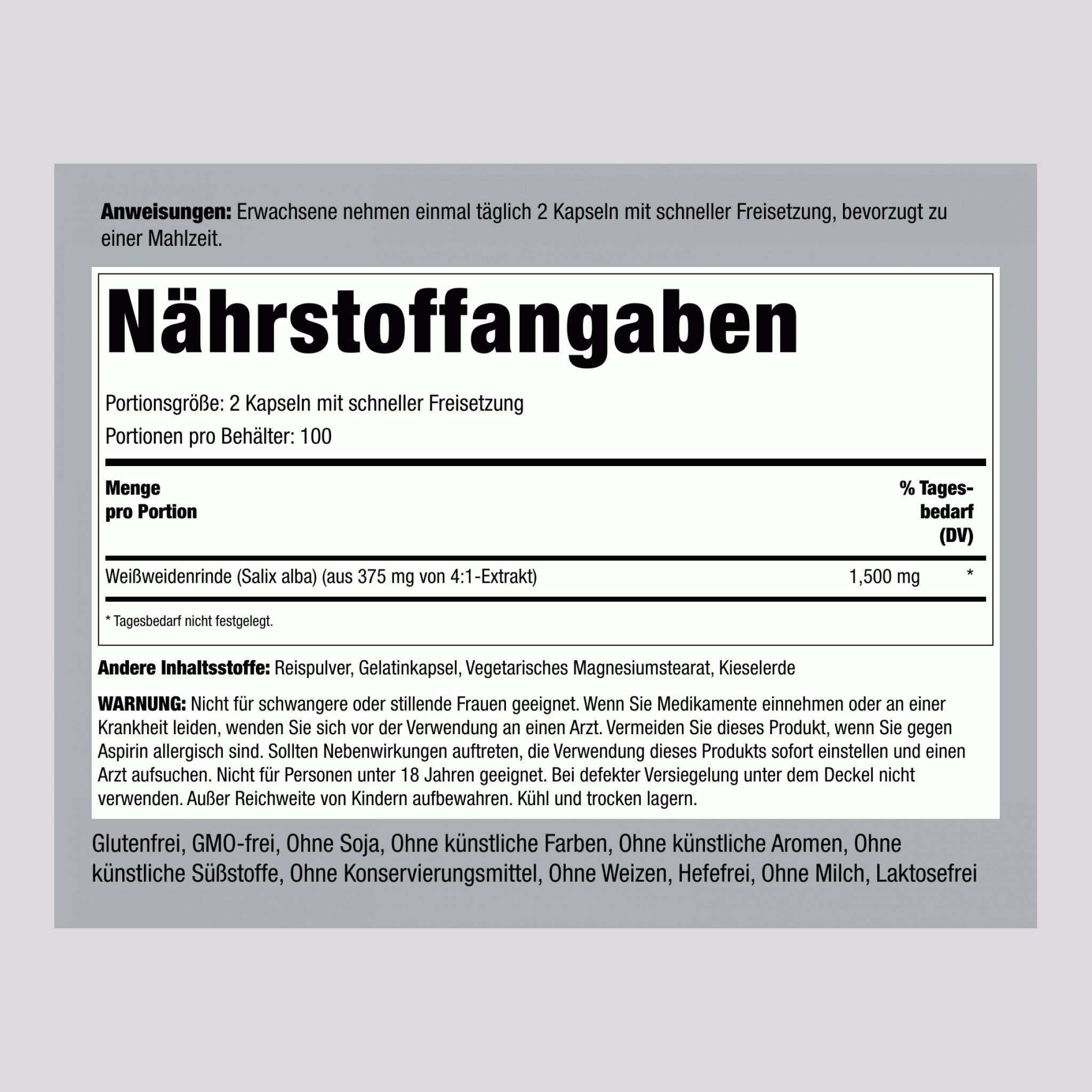 Weißweidenrinde  1500 mg (pro Portion) 200 Kapseln mit schneller Freisetzung     