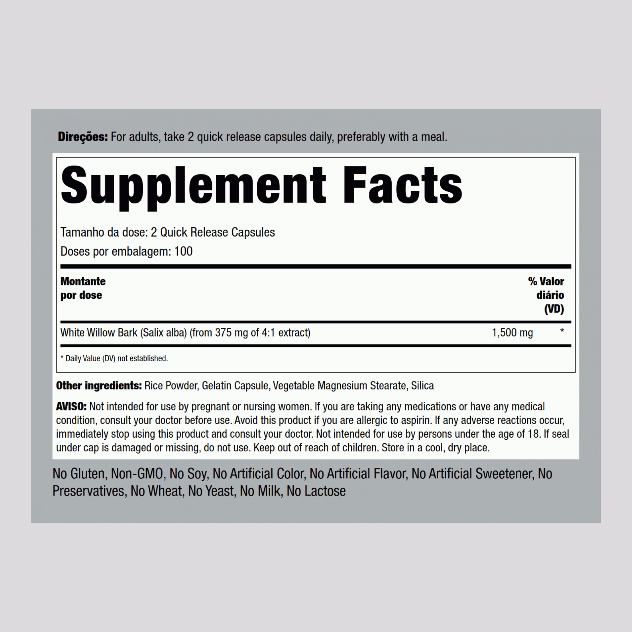 Casca de salgueiro-branco 1500 mg (por dose) 200 Cápsulas de Rápida Absorção     