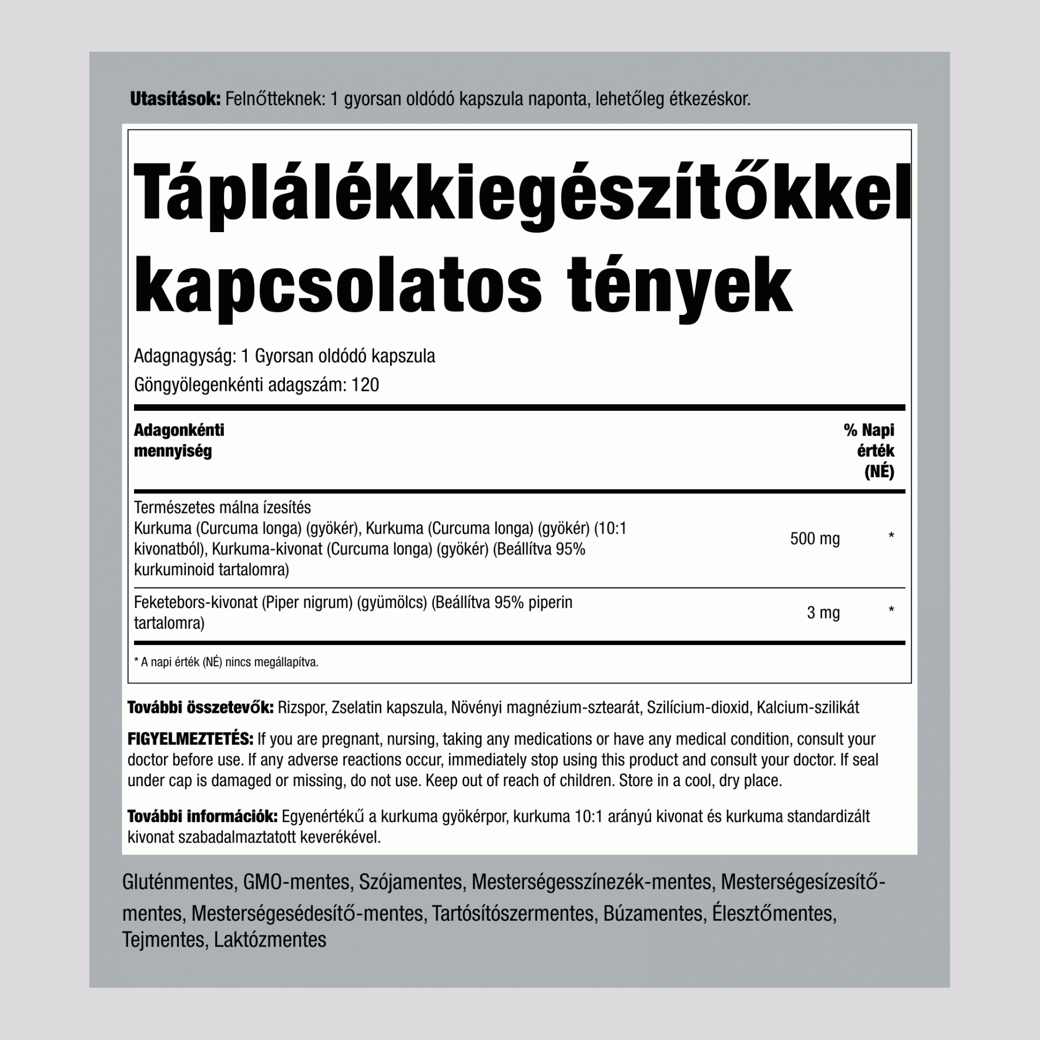 Szabványosított kurkuma összetétel  500 mg 120 Gyorsan oldódó kapszula     