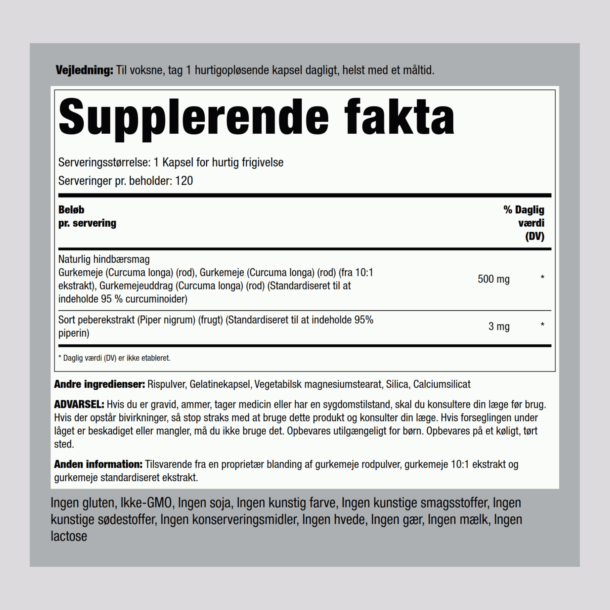 Standardiseret Gurkemeje/Kurkumin Complex  500 mg 120 Kapsler for hurtig frigivelse     