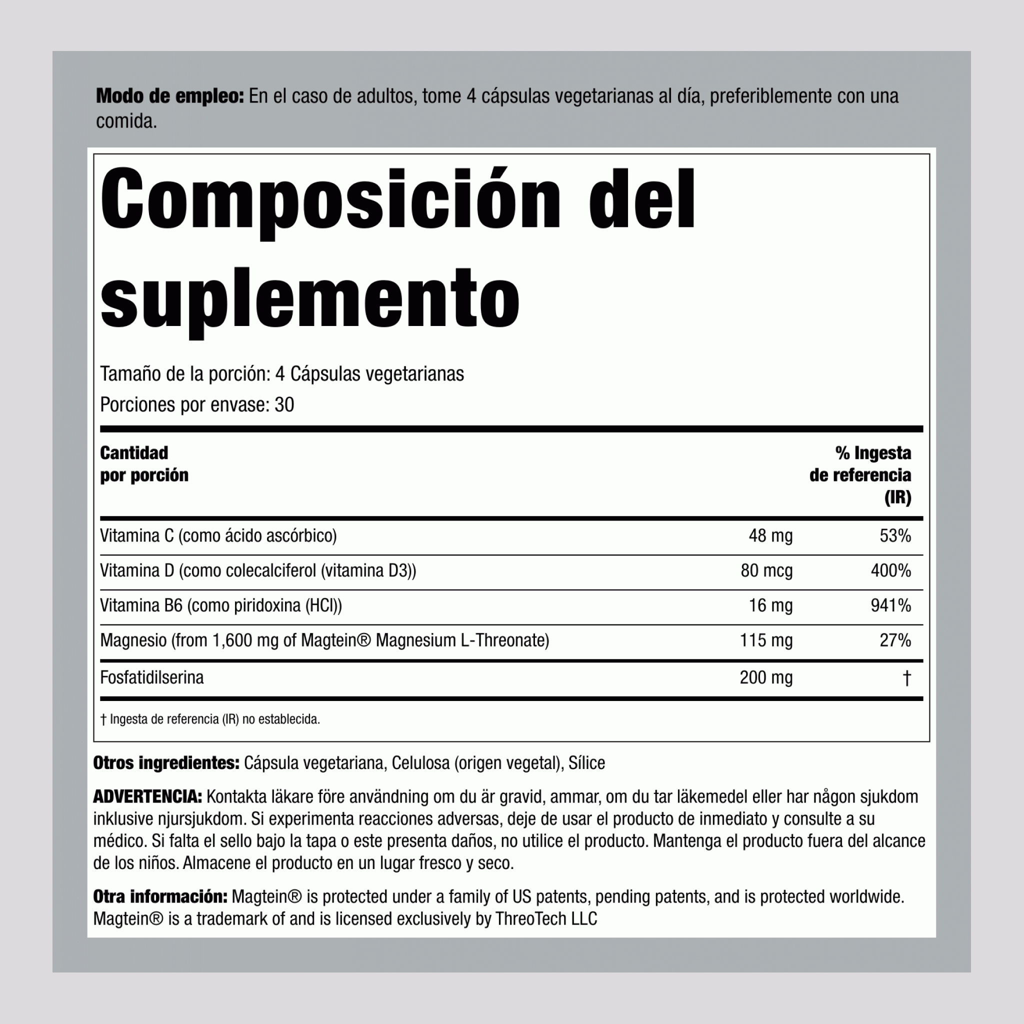 Magnesio L-Treonato Magtein, 120 Cápsulas Vegetarianas
