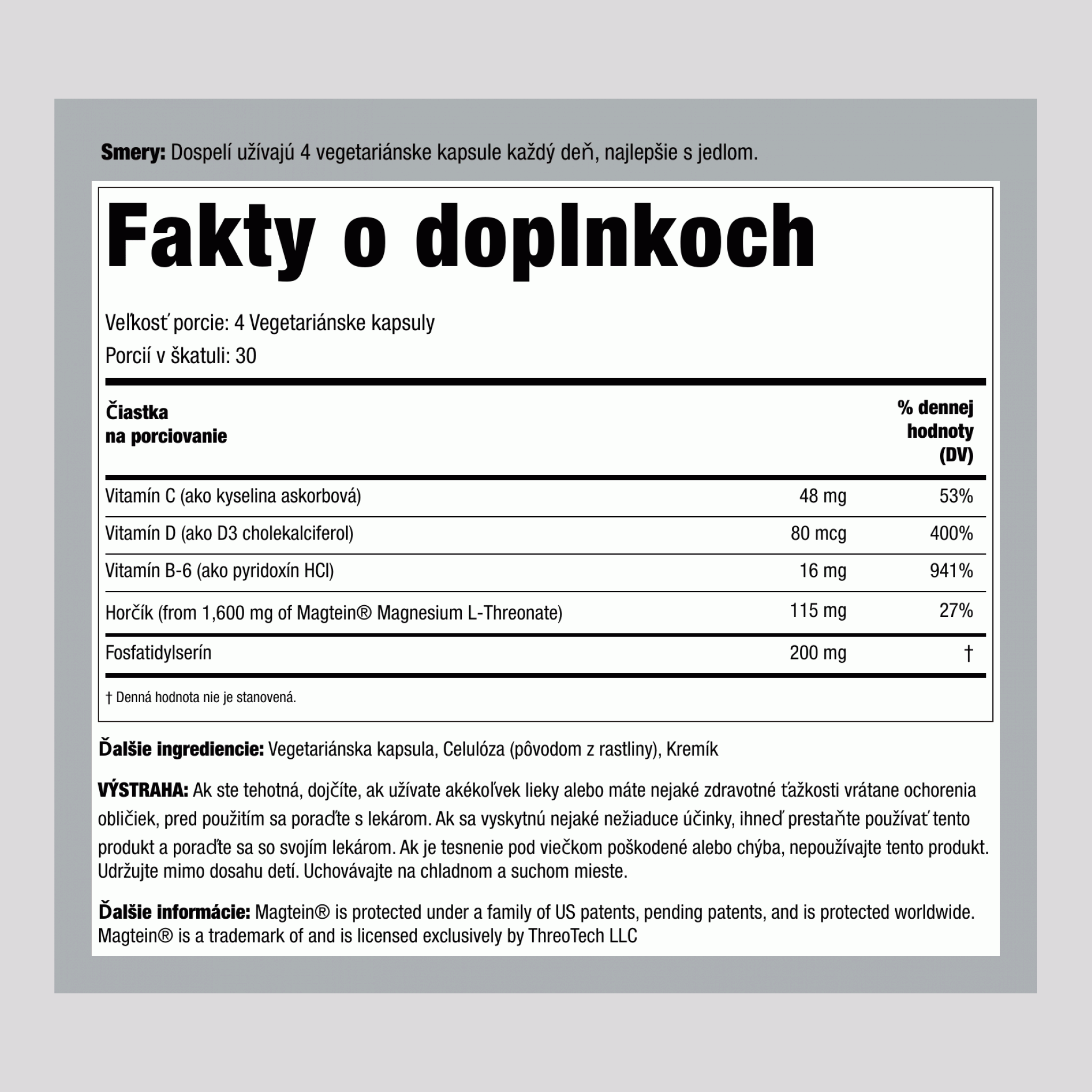 Magnézium L-Threonát Magtein, 120 Vegetariánskych Kapsúl