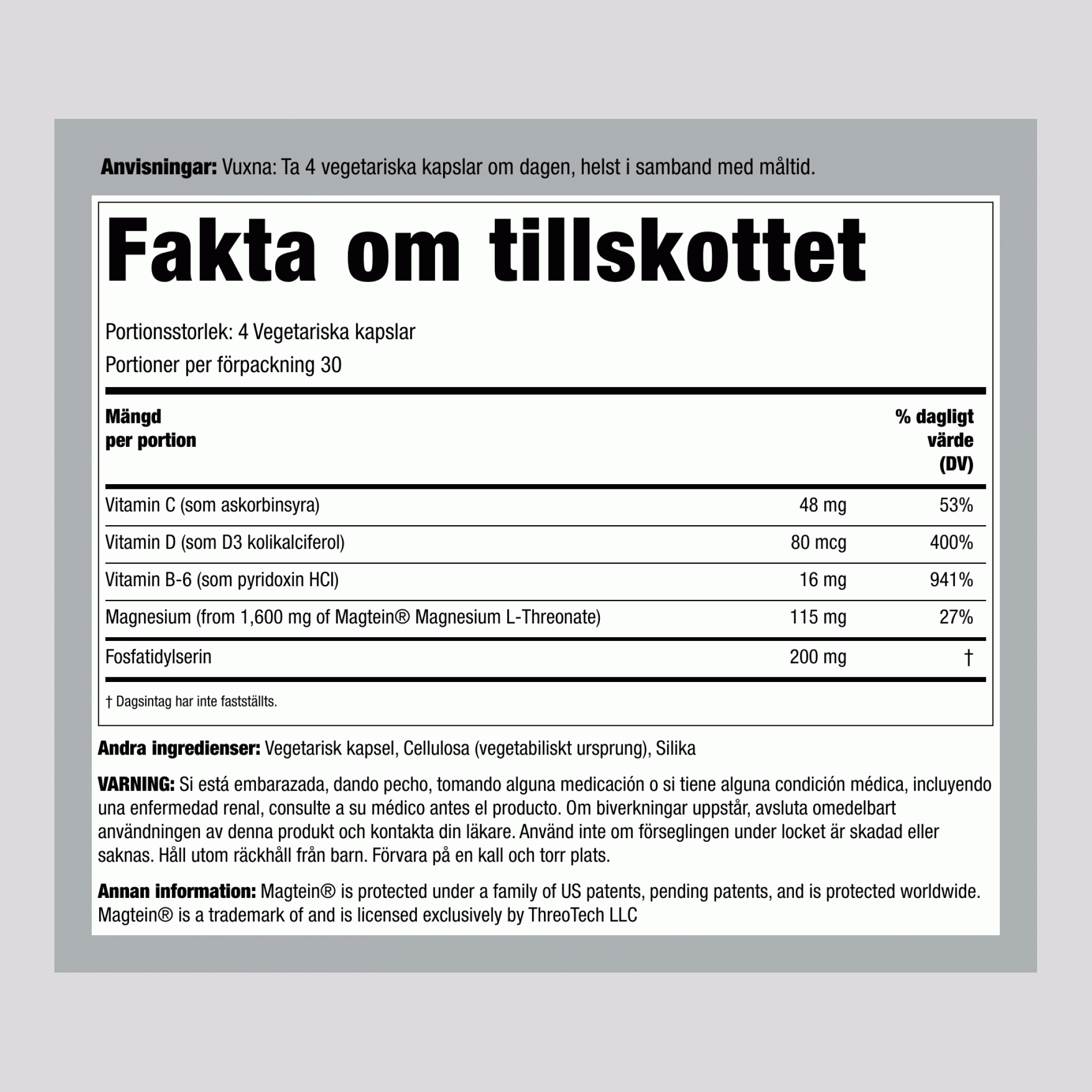 Magnesium L-Threonate Magtein, 120 Vegetariska Kapslar