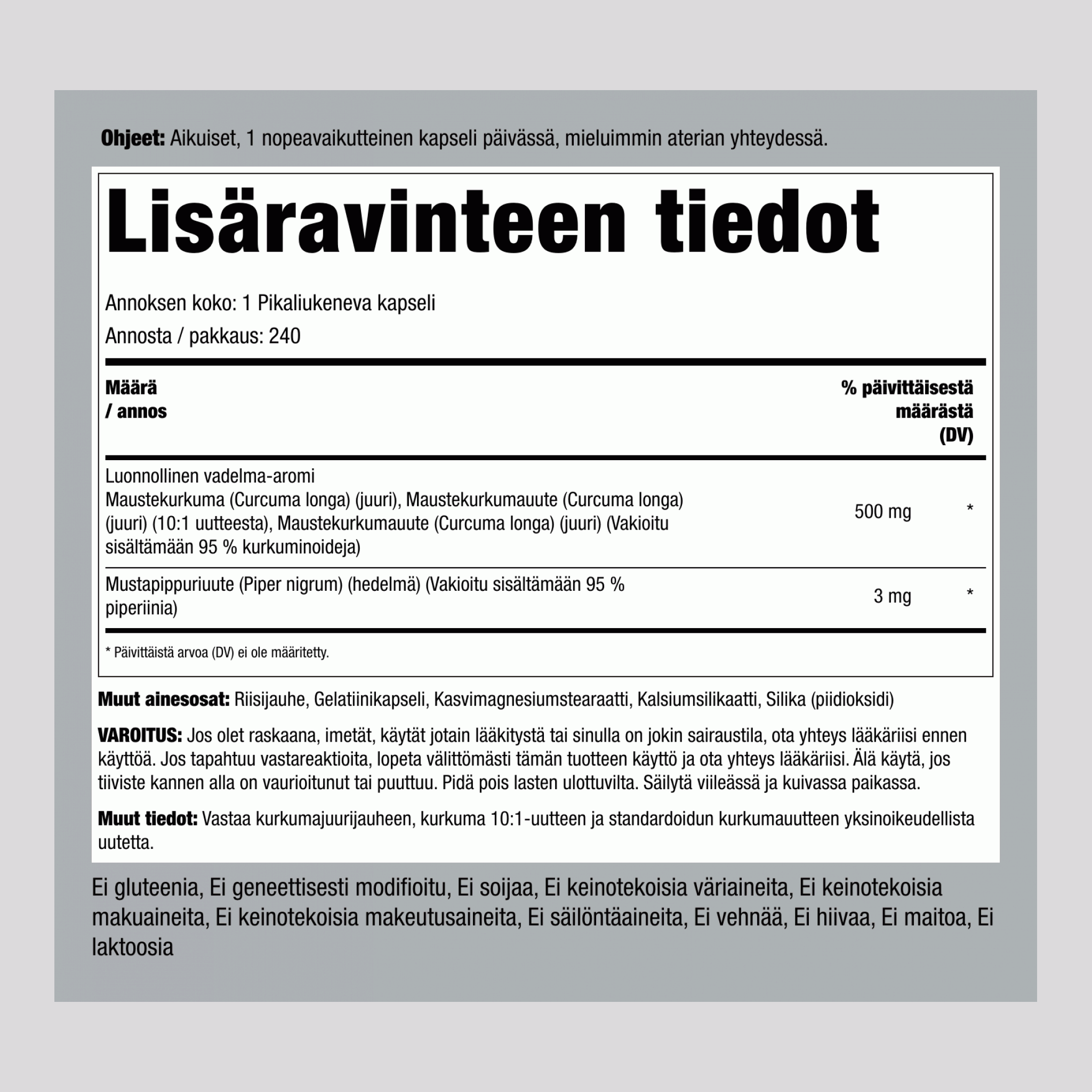 Standardoitu kurkumiinikompleksi  500 mg 240 Pikaliukenevat kapselit     