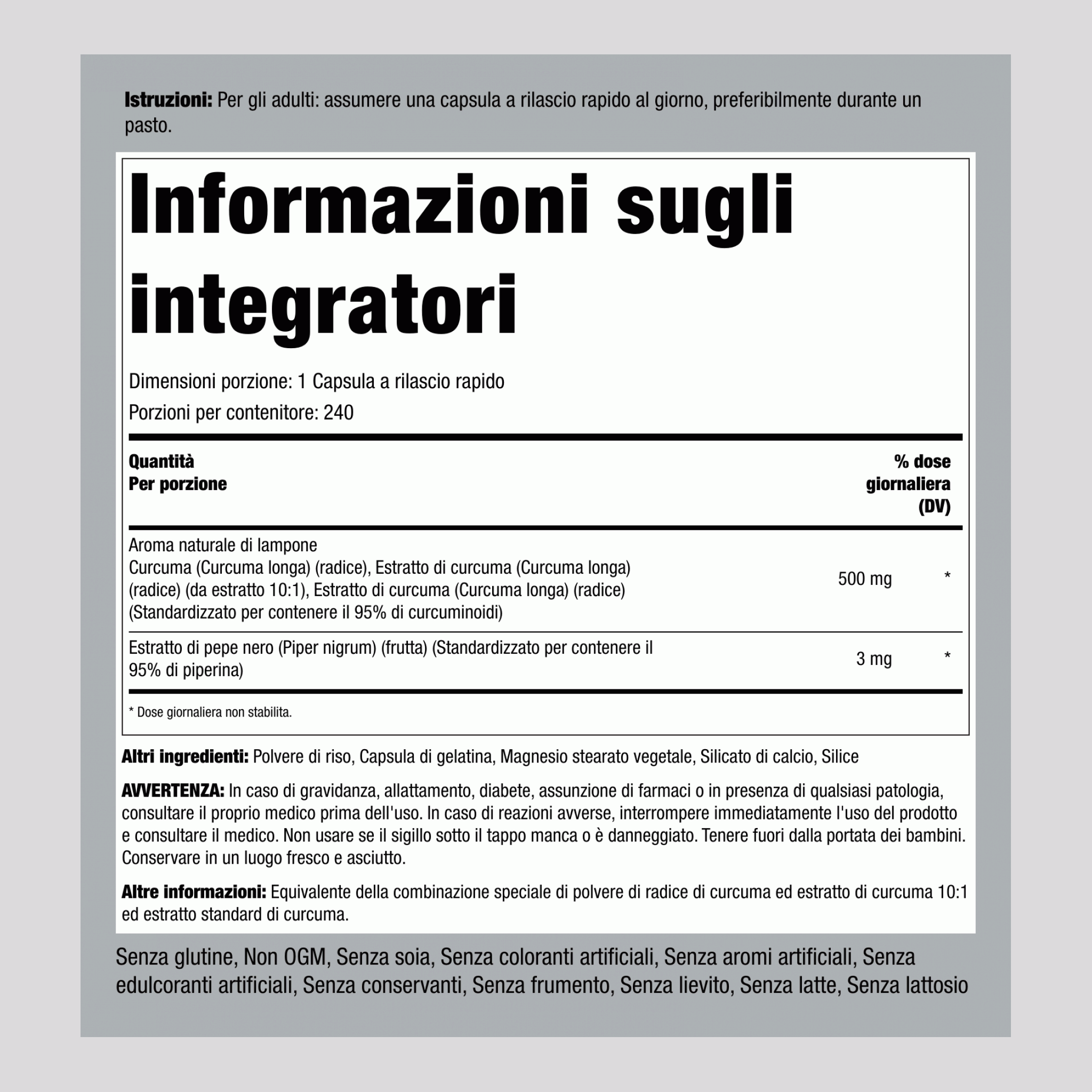 Complesso di curcuma e turmerico standard  500 mg 240 Capsule a rilascio rapido     