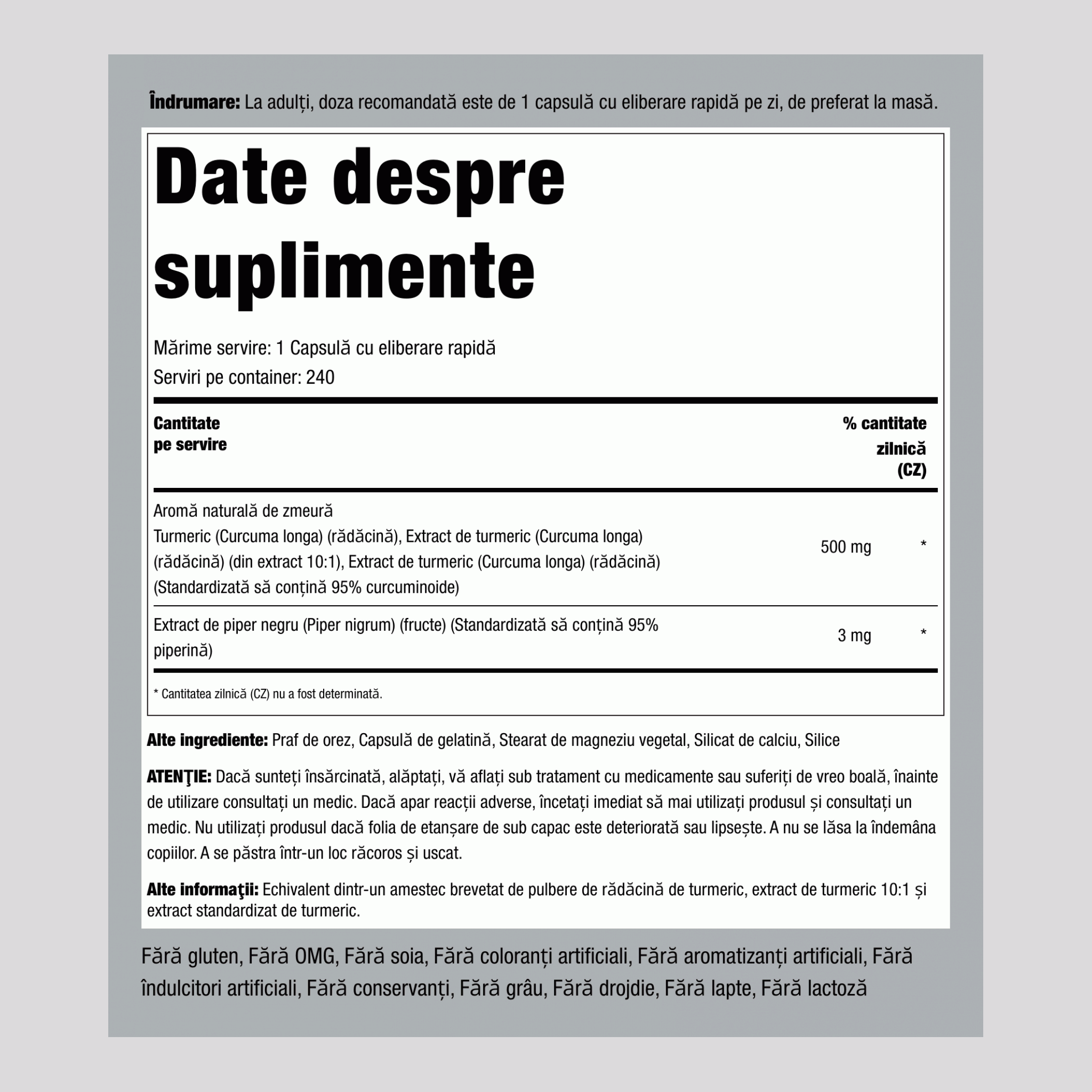 Complex standardizat de Curcuma Turmeric  500 mg 240 Capsule cu eliberare rapidă     