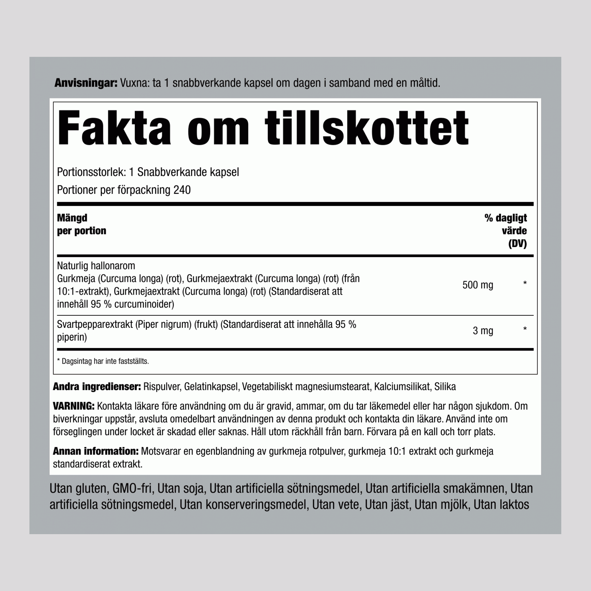 Gurkmeja-kurkumin Standardiserad sammansättning  500 mg 240 Snabbverkande kapslar     