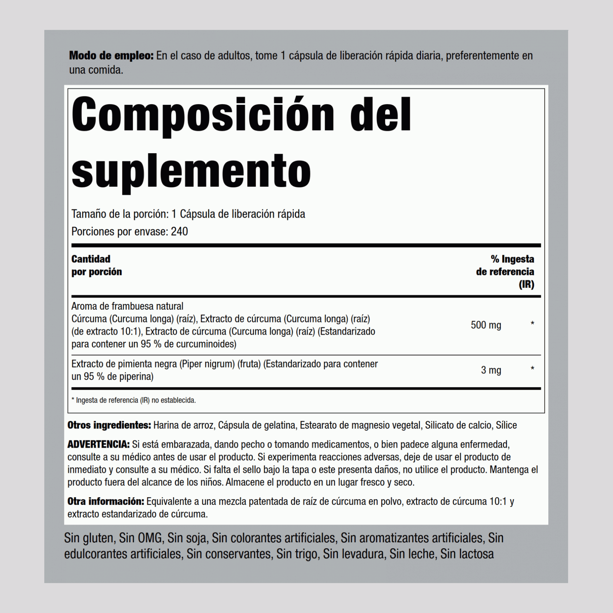 Complejo de cúrcuma estandarizada  500 mg 240 Cápsulas de liberación rápida     