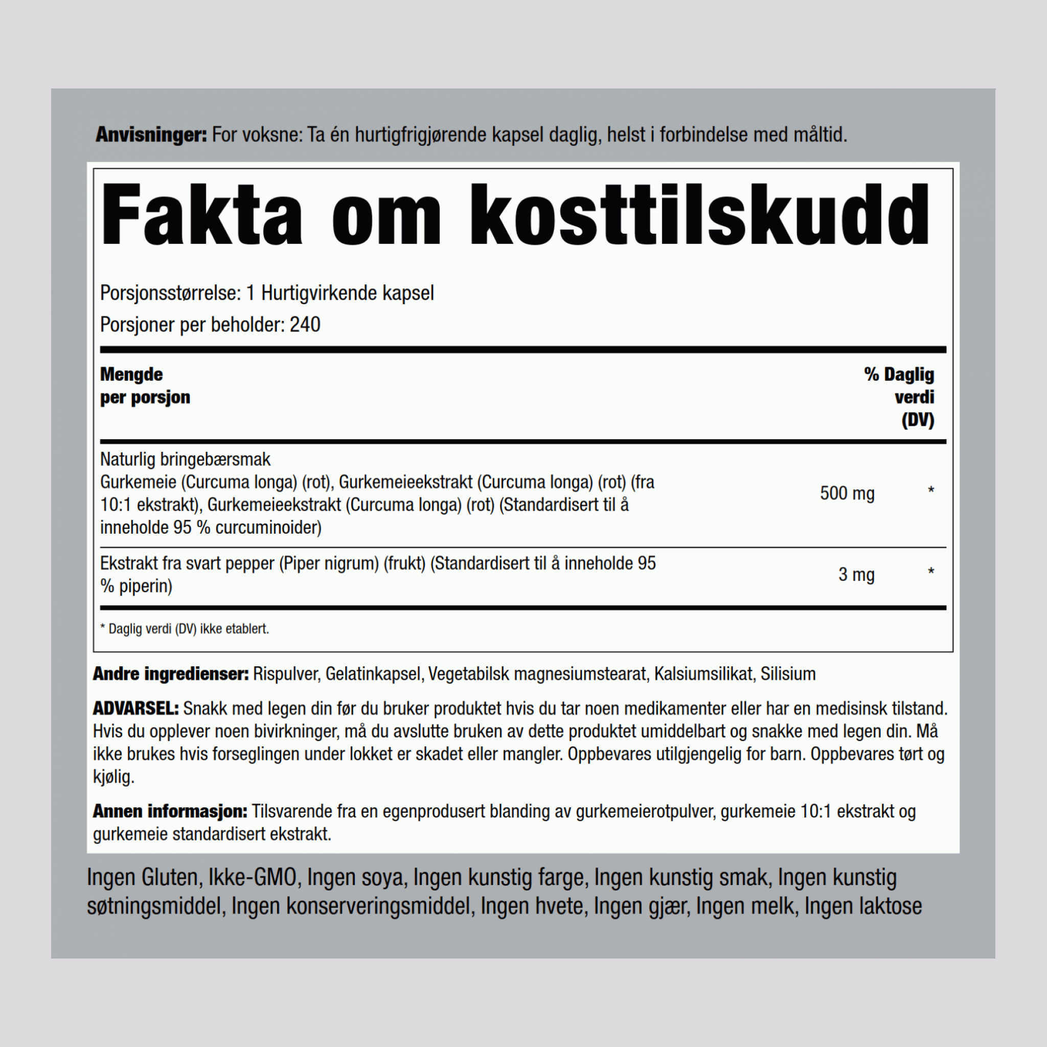 Standardisert Gurkemeie/Kurkumin Complex  500 mg 240 Hurtigvirkende kapsler     