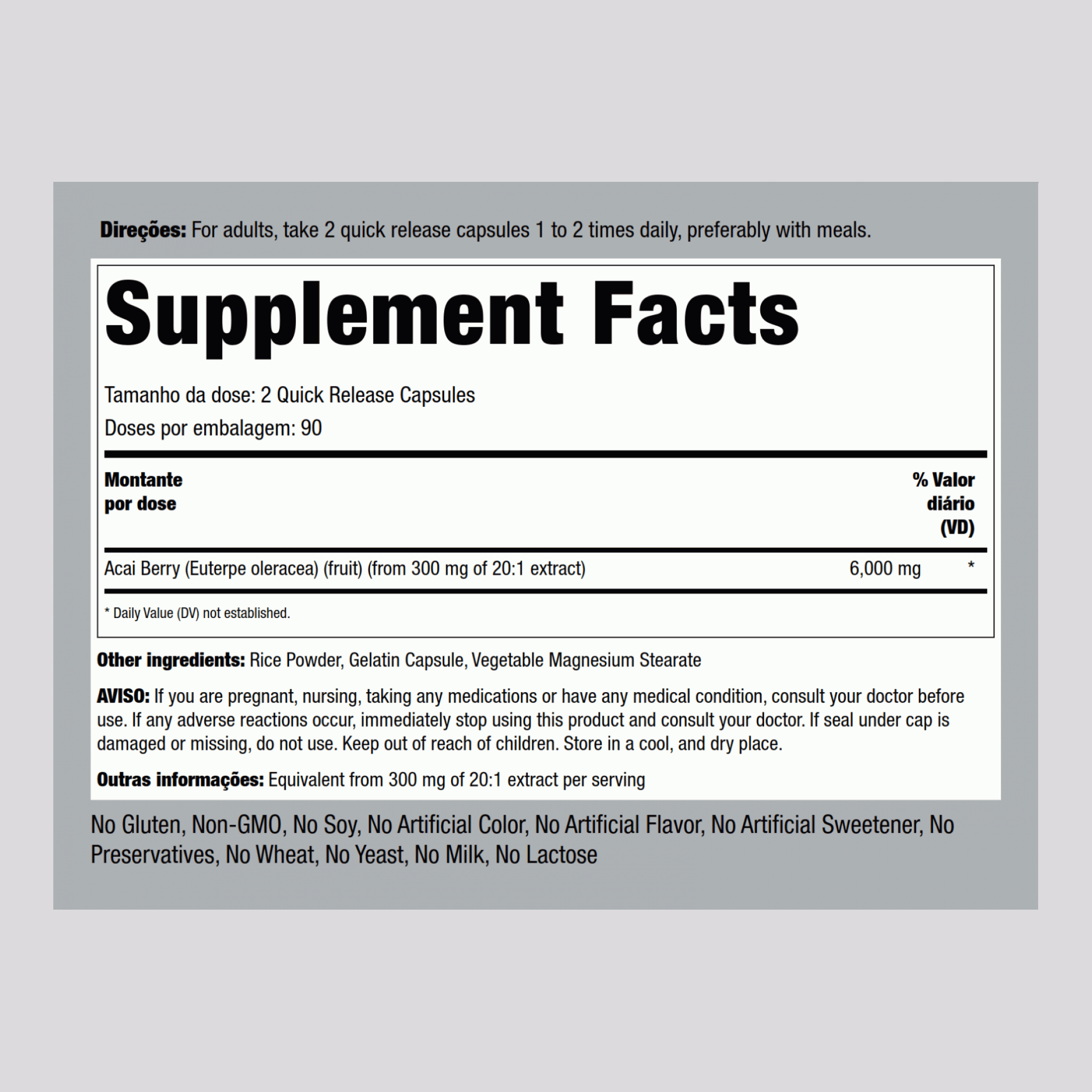 Acai Supremo Tripla potência 6000 mg (por dose) 180 Cápsulas de Rápida Absorção     