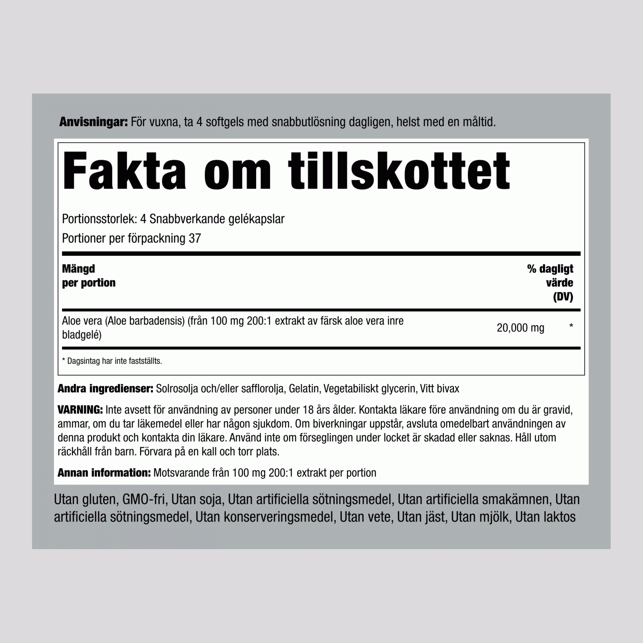 Högverkande Aloe Vera 20,000 mg (per portion) 150 Snabbverkande gelékapslar     