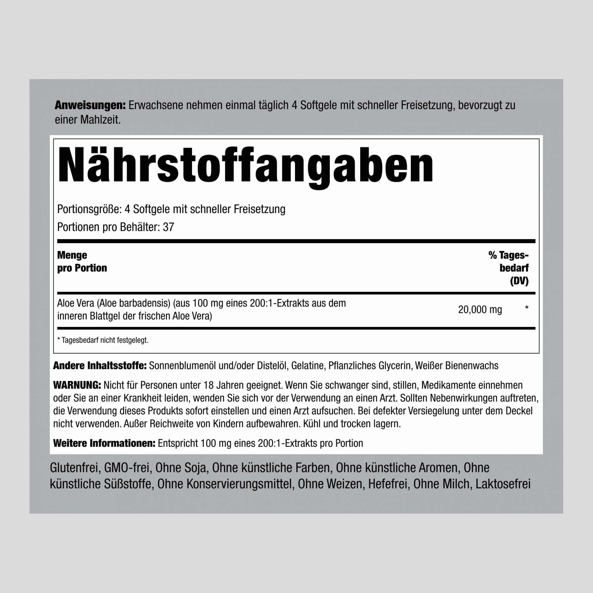 Potent Aloe Vera 20000 mg (pro Portion) 150 Softgele mit schneller Freisetzung 2 Flaschen   