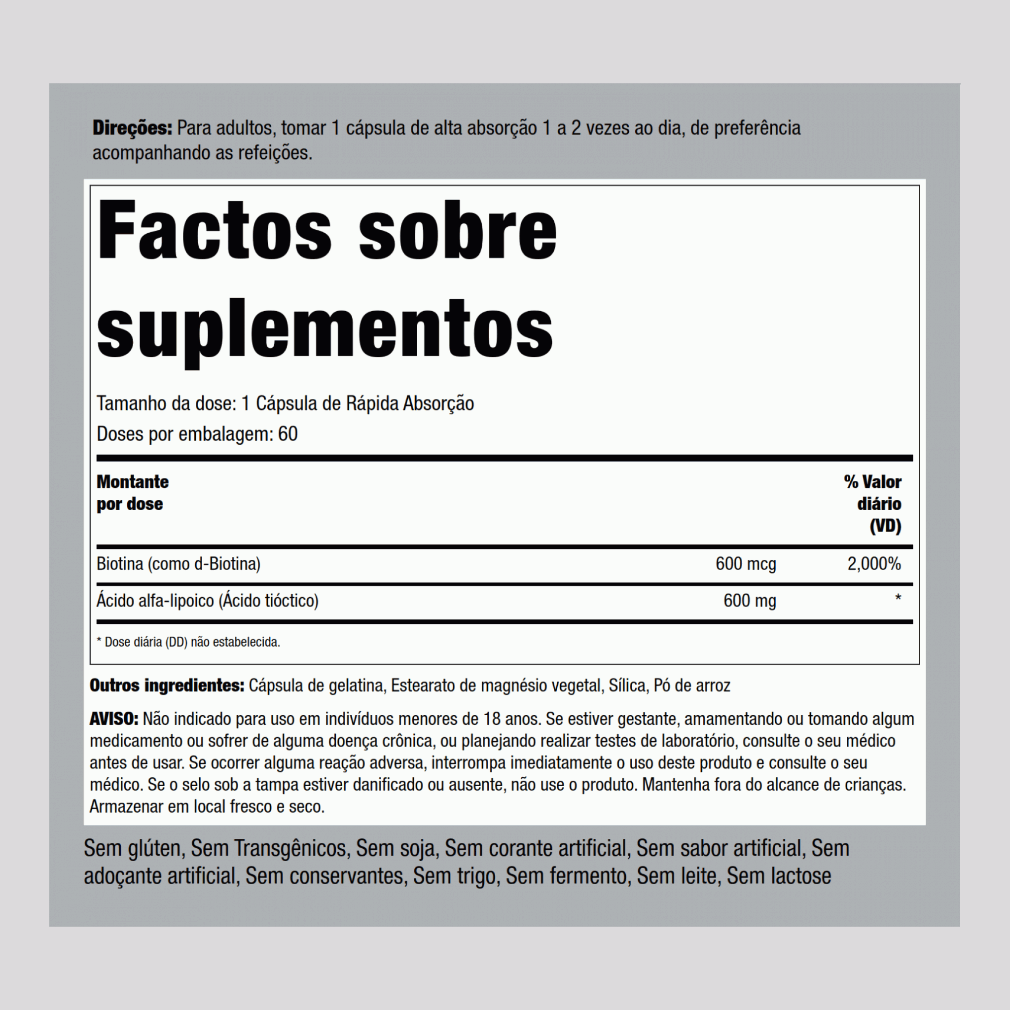 Ácido Alfa-lipóico plus Otimizador de Biotina libertação rápida 600 mg 60 Cápsulas de Rápida Absorção 