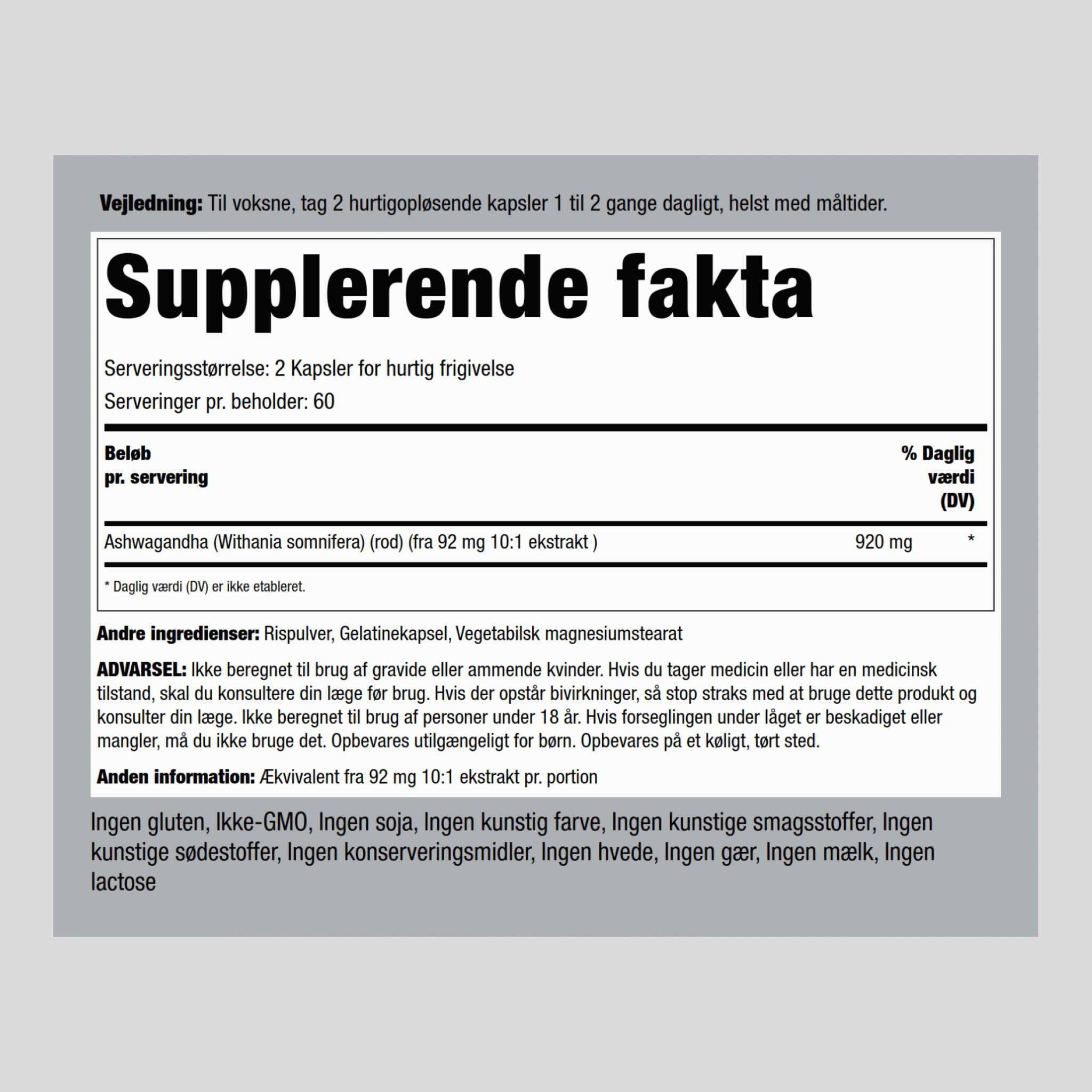 Racine d'Ashwagandha(Withania somnifera),  920 mg (par portion) 120 Gélules à libération rapide