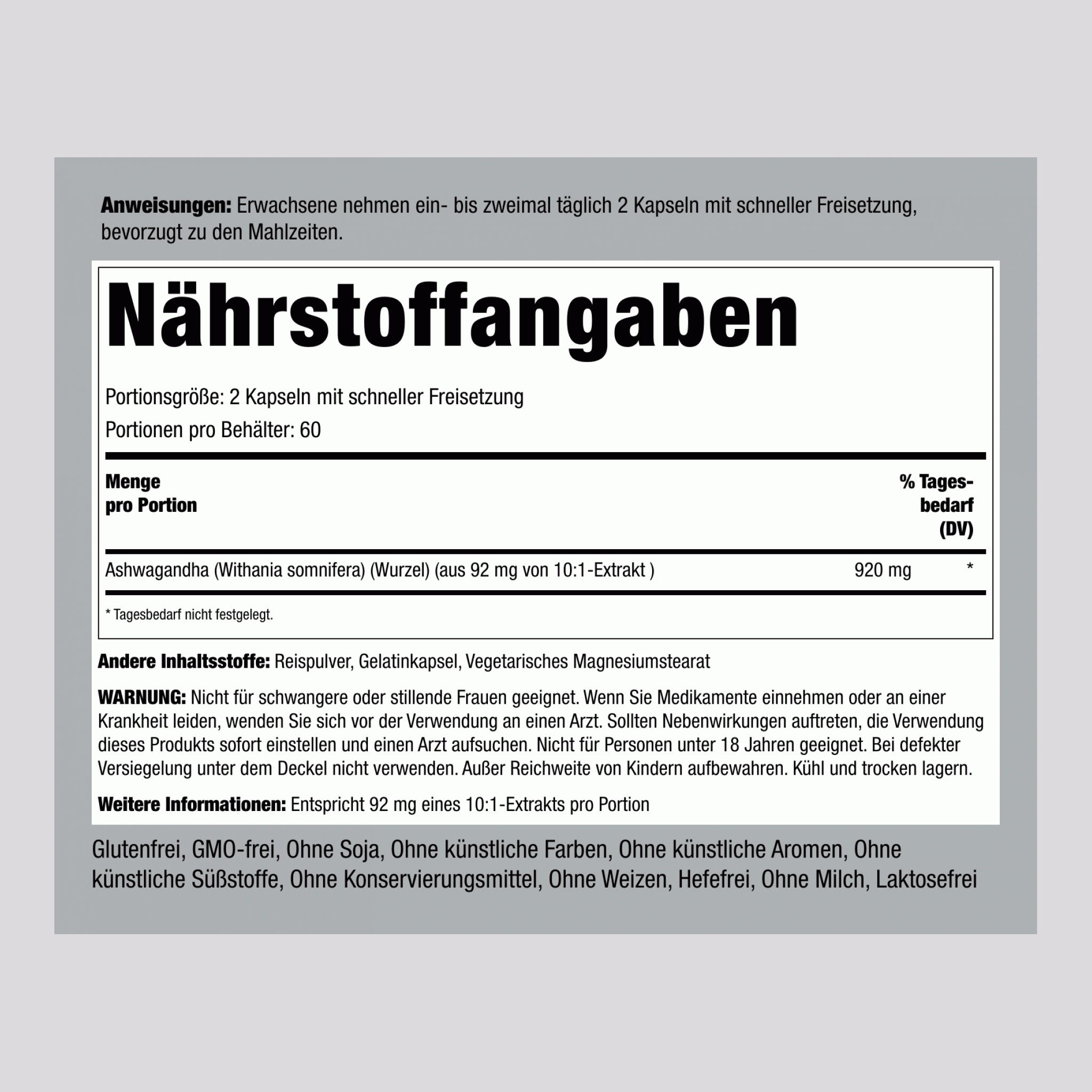 Racine d'Ashwagandha(Withania somnifera),  920 mg (par portion) 120 Gélules à libération rapide 2 Bouteilles