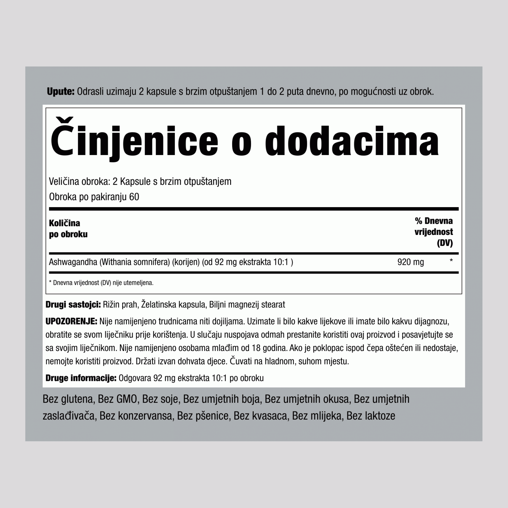 Korijen Ashwagandha (Withania somnifera),  920 mg (po obroku) 120 Kapsule s brzim otpuštanjem 2 Boce