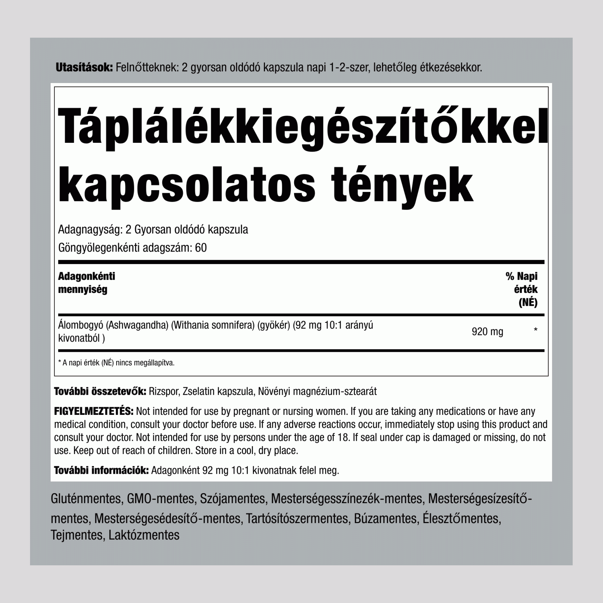Ashwagandhagyökér (Withania somnifera),  920 mg (adagonként) 120 Gyorsan oldódó kapszula 2 Palackok