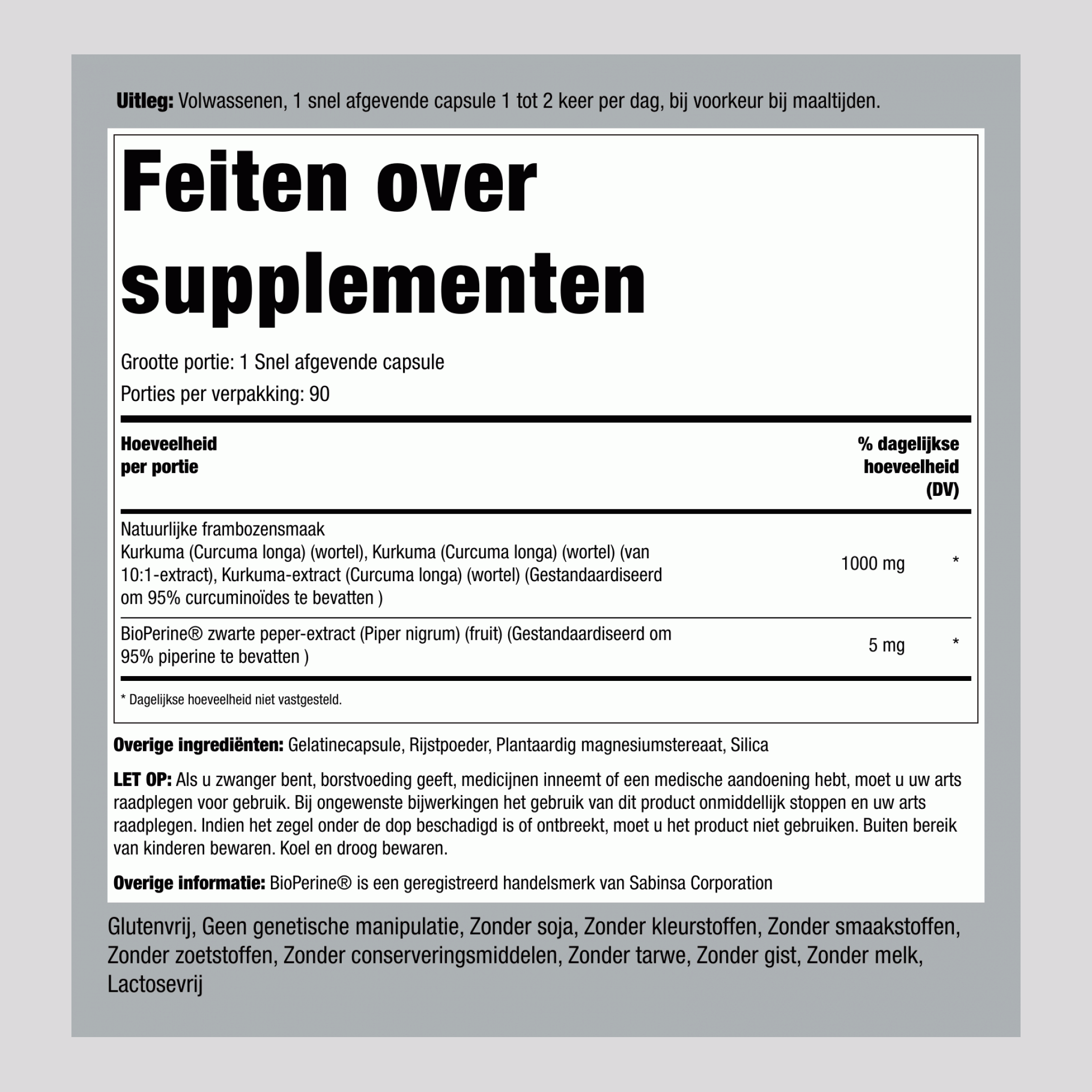 Gestandaardiseerd kurkuma curcumine complex met zwarte peper 1000 mg 90 Snel afgevende capsules     