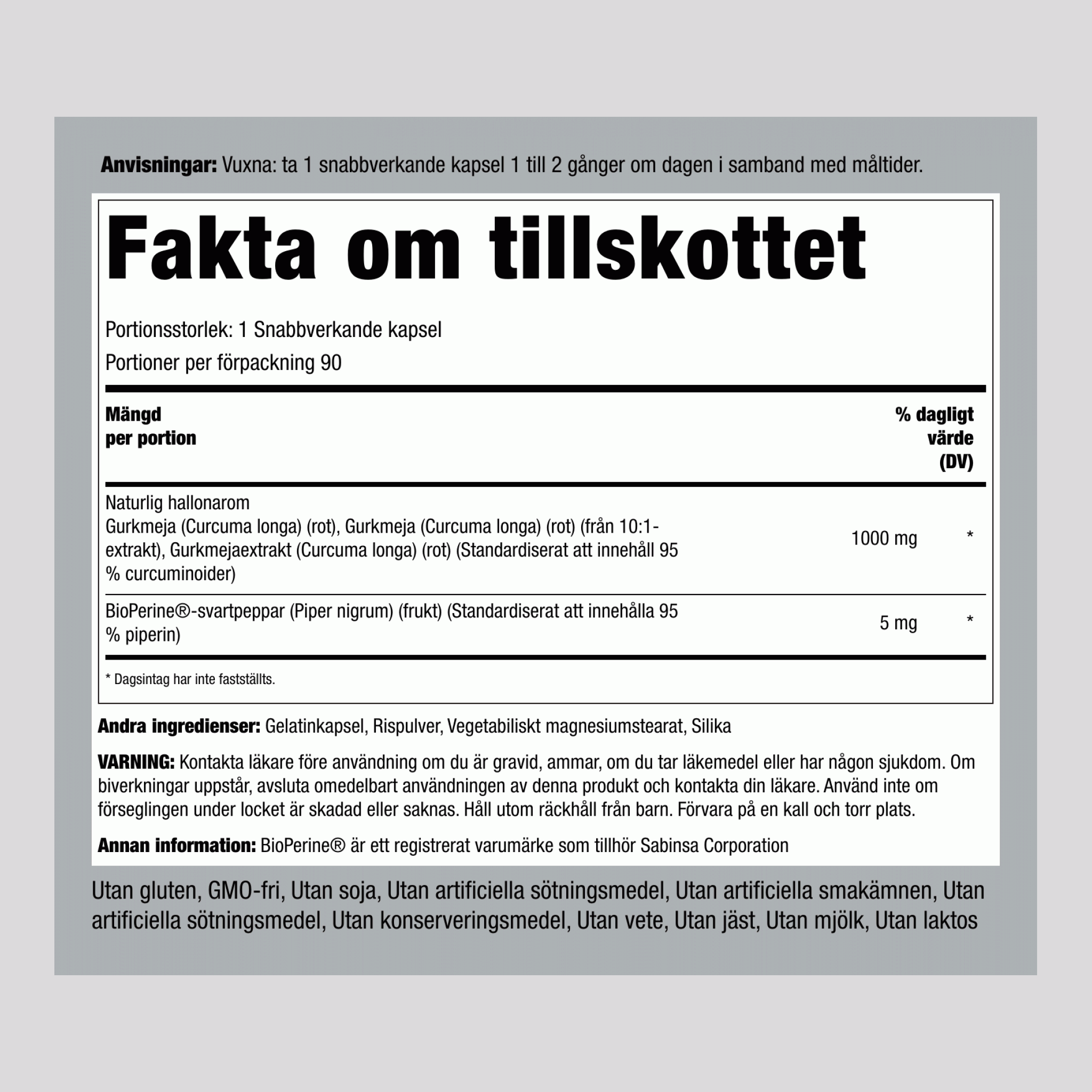 Gurkmeja-kurkumin Standardiserad sammansättning med svartpeppar 1000 mg 90 Snabbverkande kapslar     