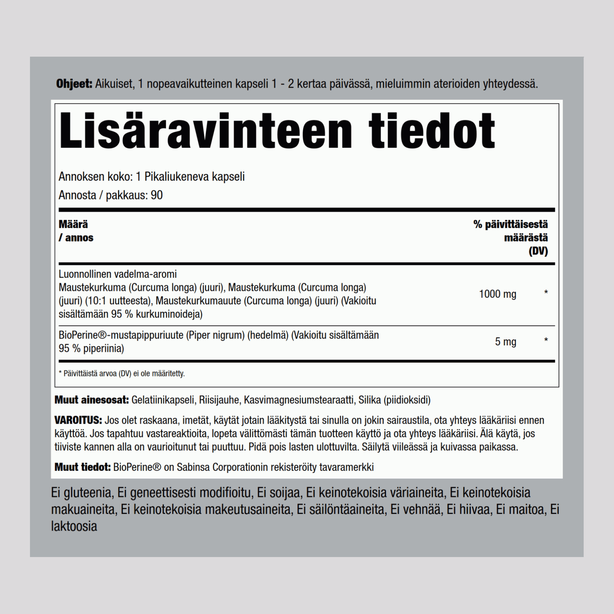 Standardoitu kurkumiinikompleksi lisänä mustapippuri 1000 mg 90 Pikaliukenevat kapselit     