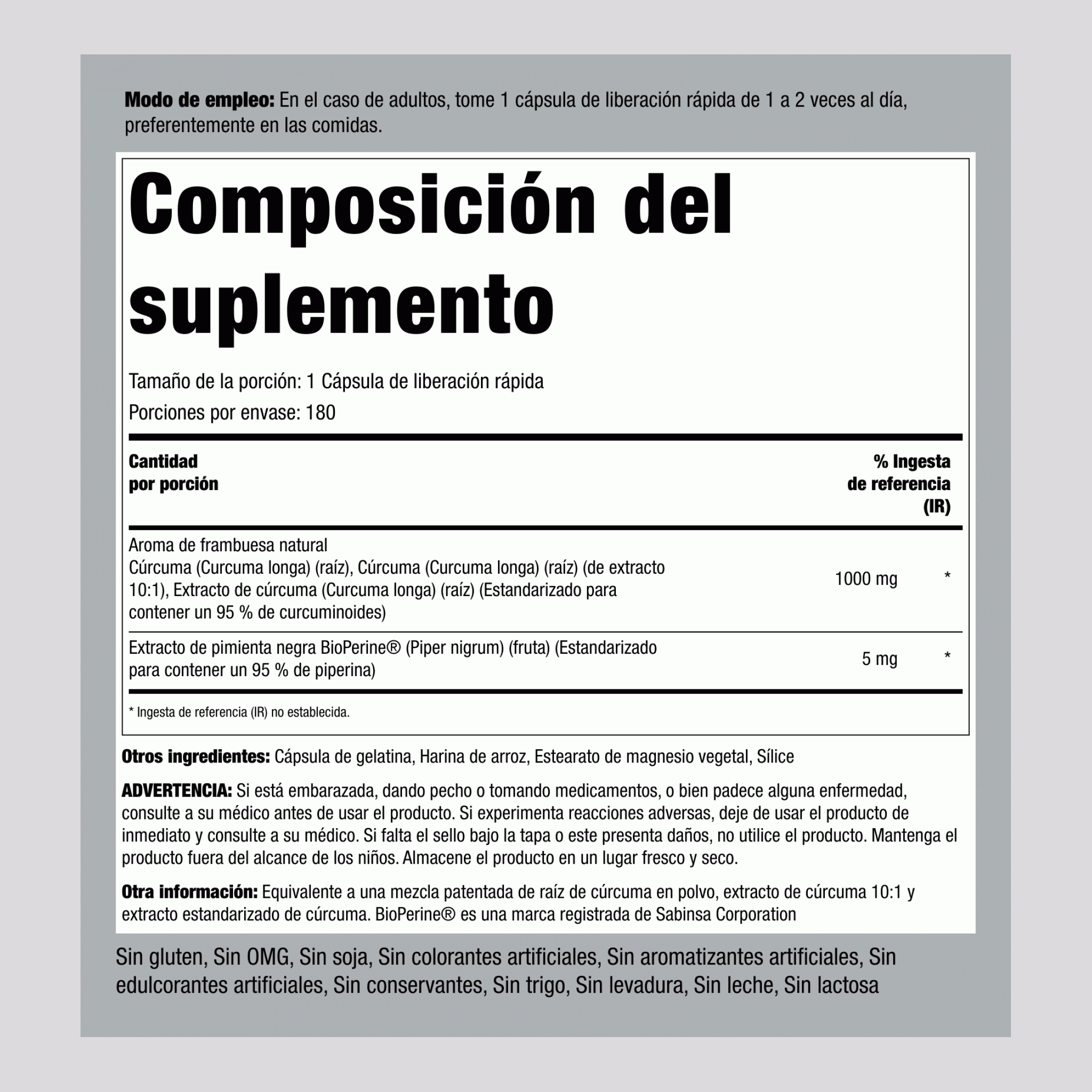 Complejo de cúrcuma estandarizada con pimienta negra 1000 mg 180 Cápsulas de liberación rápida     