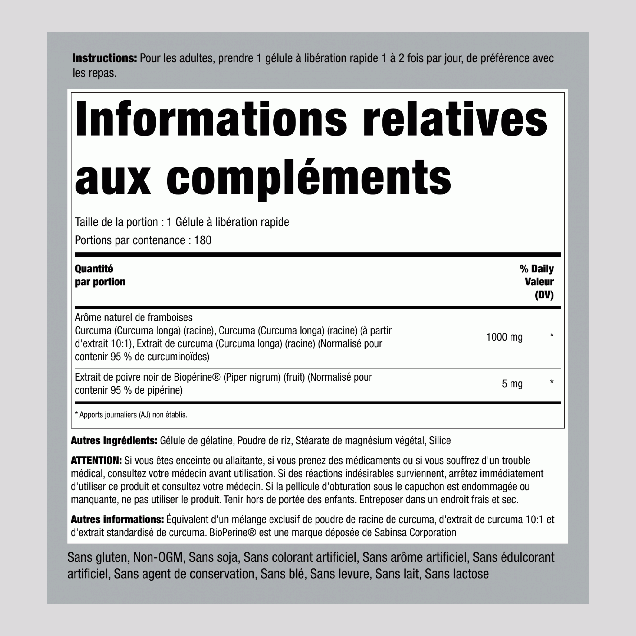 Complexe normalisé de safran des Indes curcumineet poivre noir 1000 mg 180 Gélules à libération rapide     