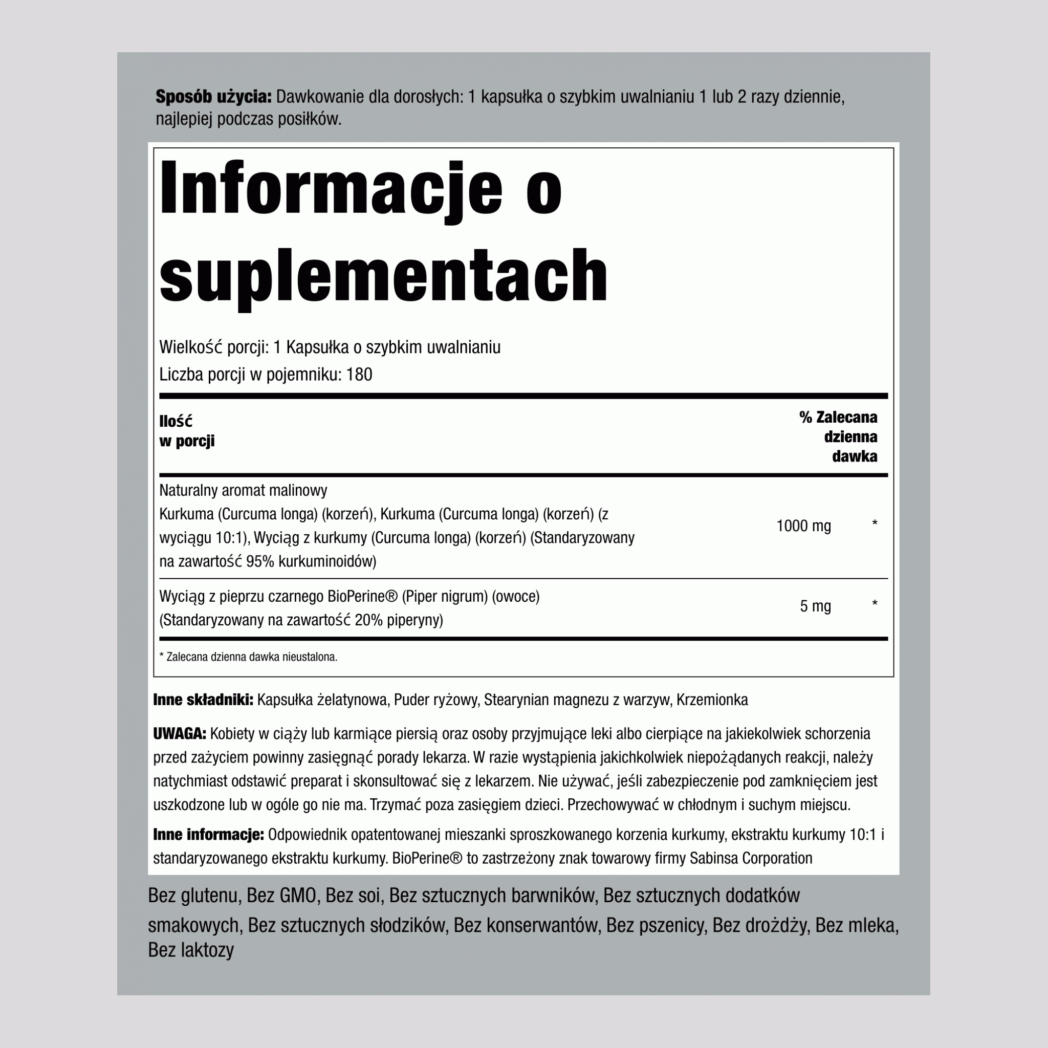 Standaryzowany zestaw z ostryżem długim kurkuminą i czarnym pieprzem 1000 mg 180 Kapsułki o szybkim uwalnianiu     