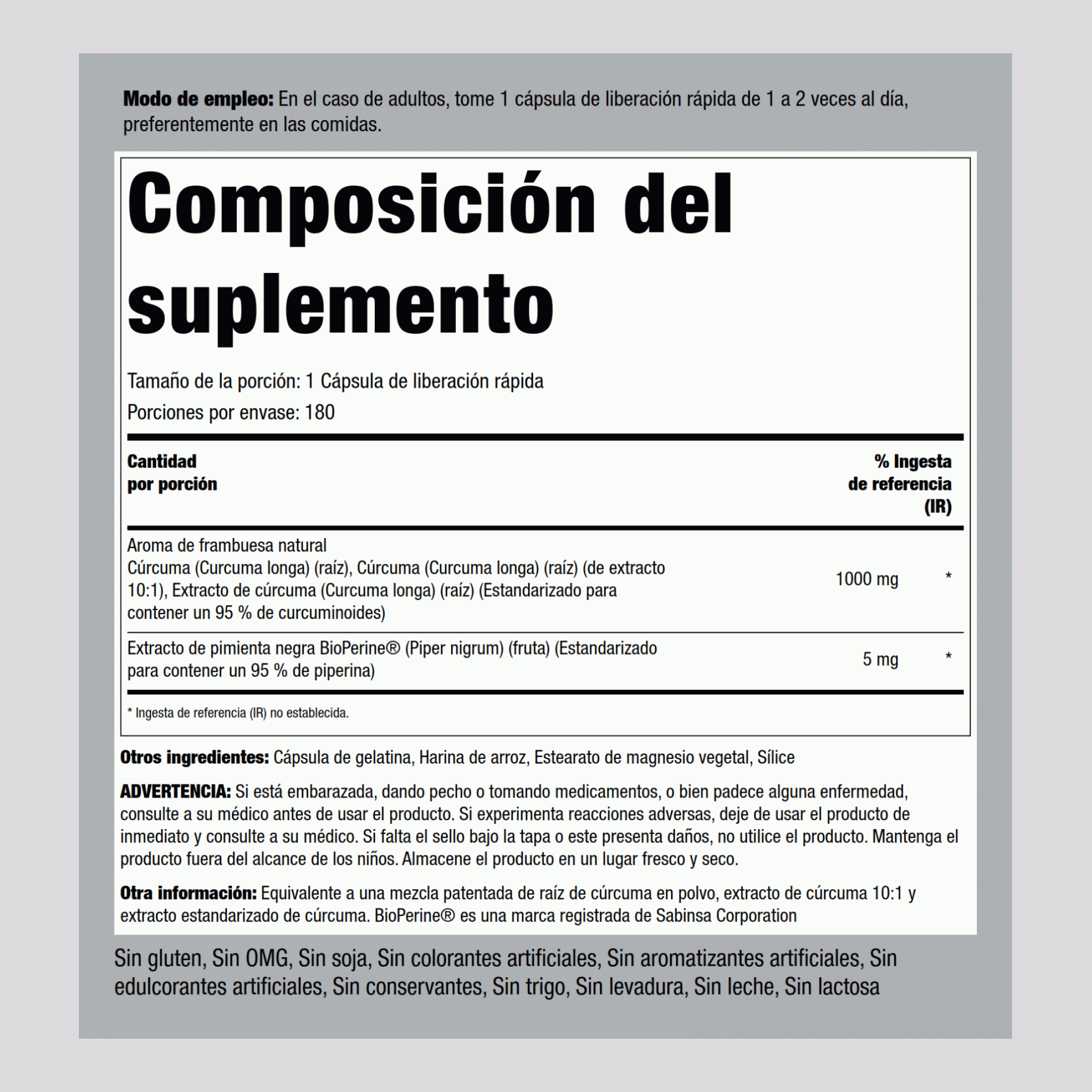 Complejo de cúrcuma estandarizada con pimienta negra 1000 mg 180 Cápsulas de liberación rápida     