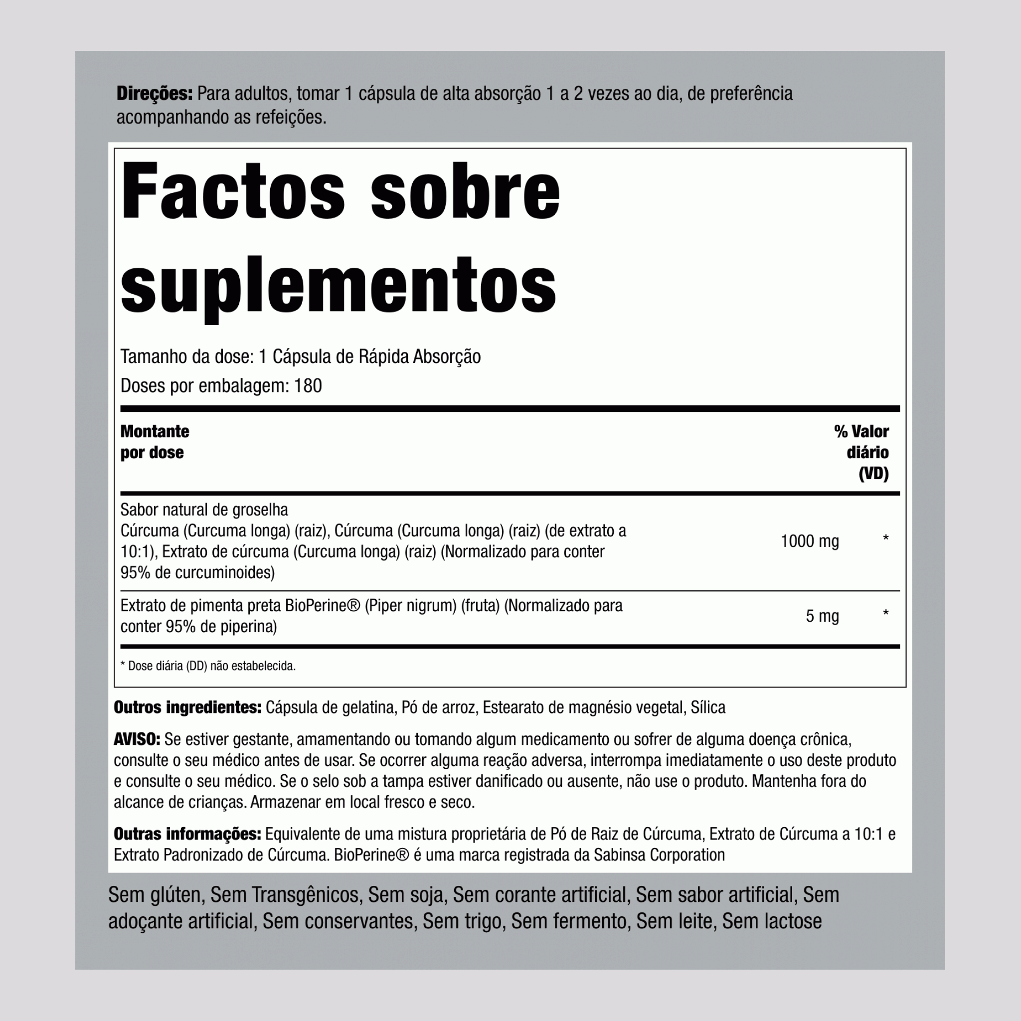 Complexo normalizado de curcuma e curcumina com pimenta preta,  1000 mg 180 Cápsulas de Rápida Absorção 2 Frascos