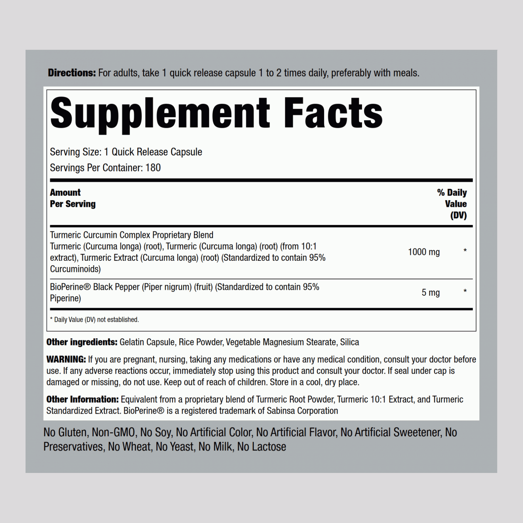 Standardized Turmeric Curcumin Complex w/ Black Pepper, 1000 mg, 180 Quick Release Capsules, 2  Bottles