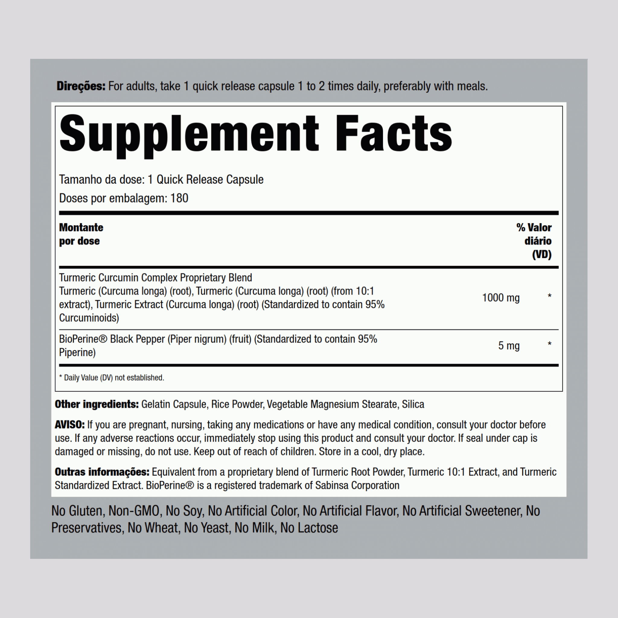 Standardized Turmeric Curcumin Complex w/ Black Pepper, 1000 mg, 180 Quick Release Capsules, 2  Bottles