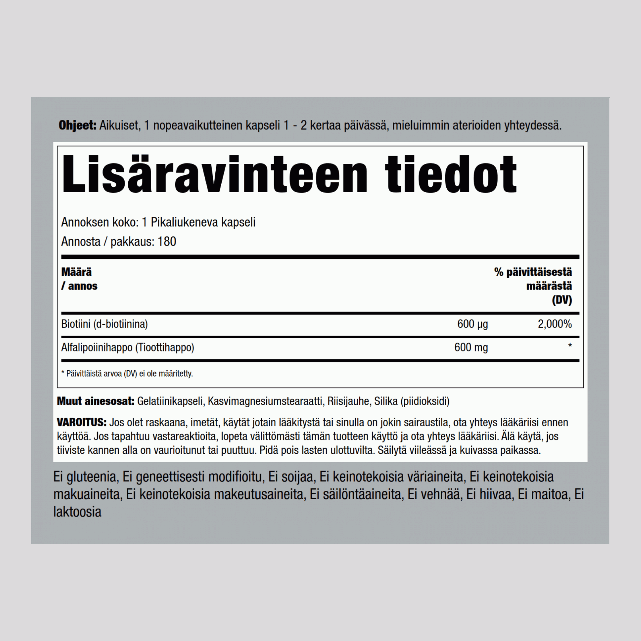 Lipoiinihappo ja biotiini-optimoija 600 mg 180 Pikaliukenevat kapselit     