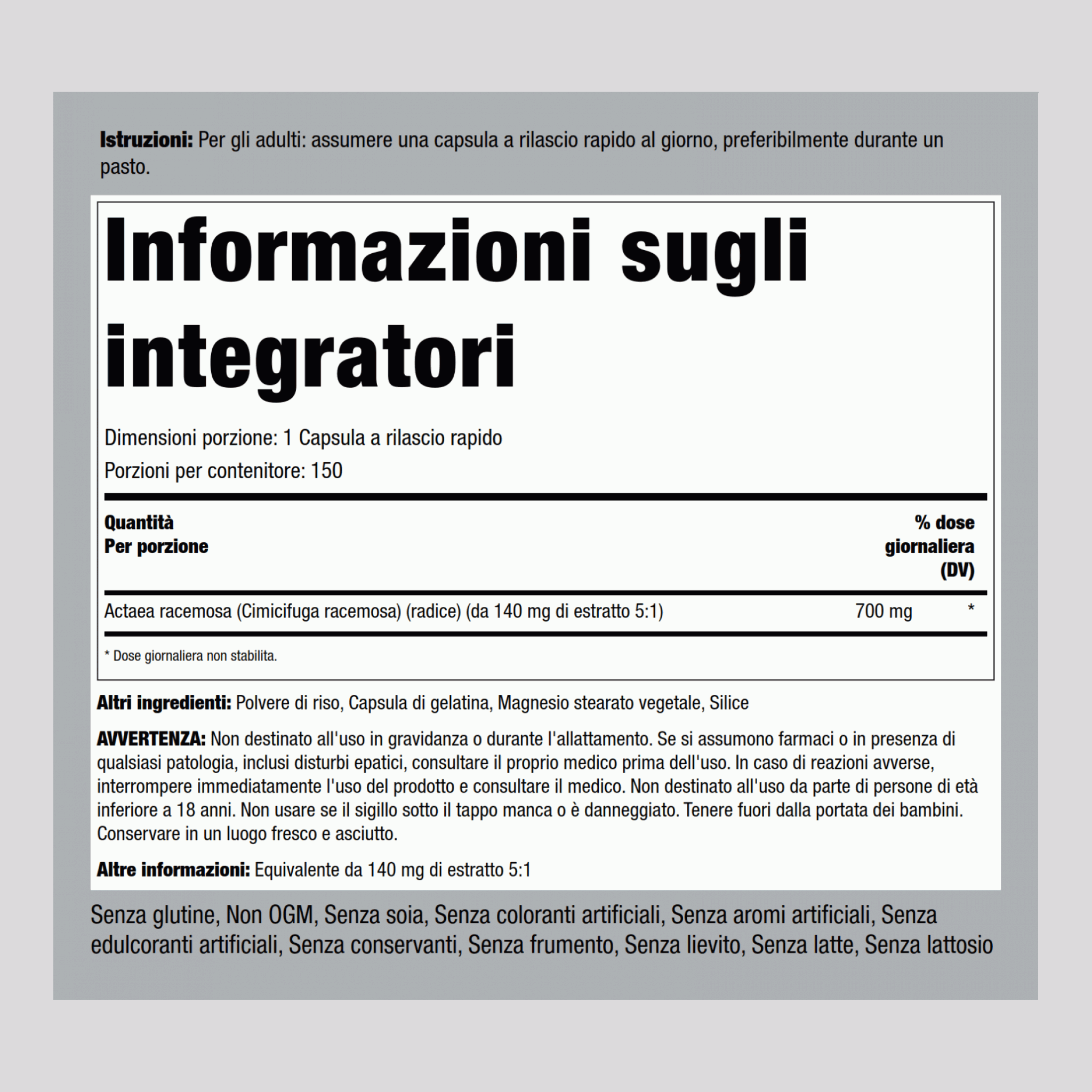 Cimicifuga  700 mg 100 Capsule a rilascio rapido 2 Bottiglie   