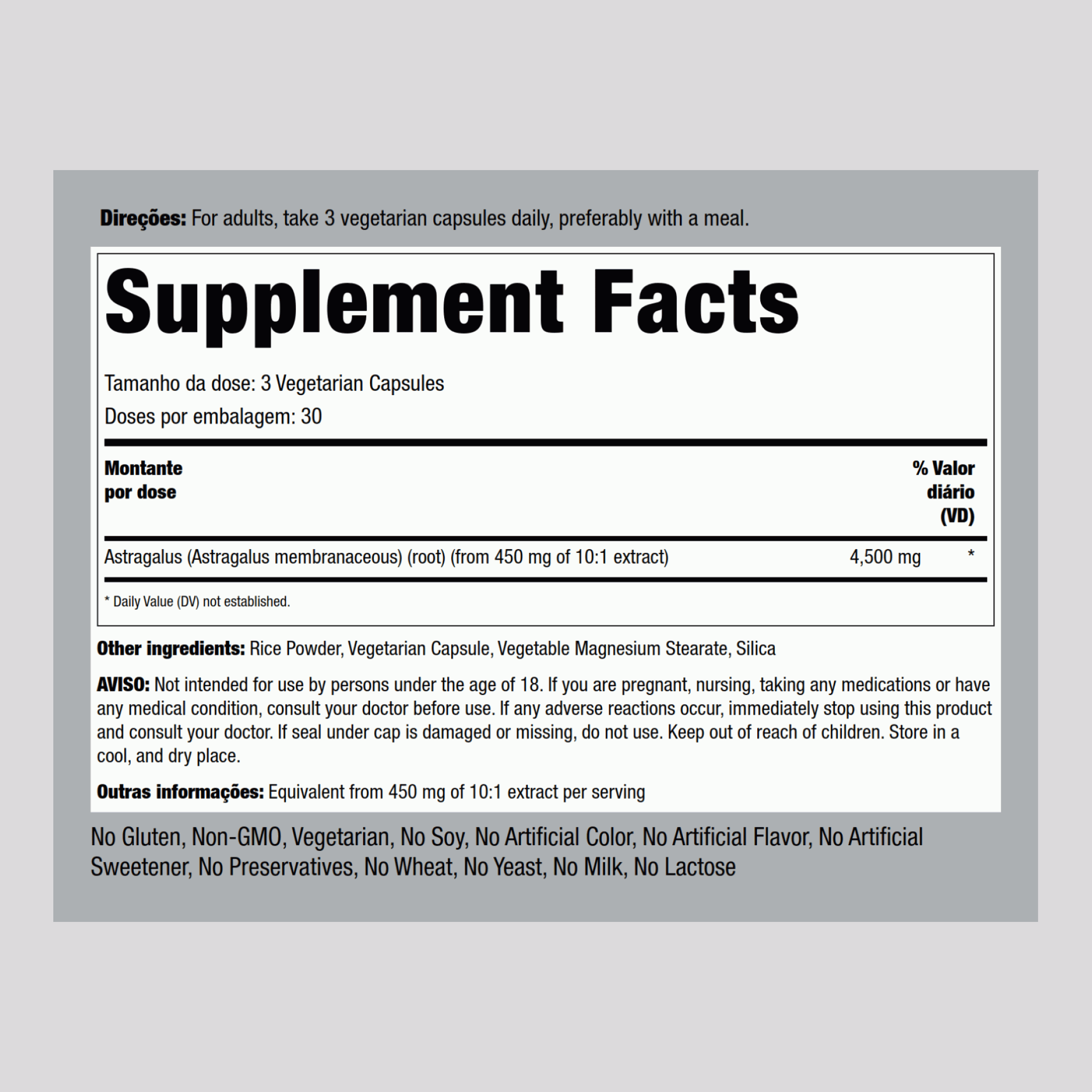 Raiz de astragalus  4500 mg (por dose) 90 Cápsulas vegetarianas     