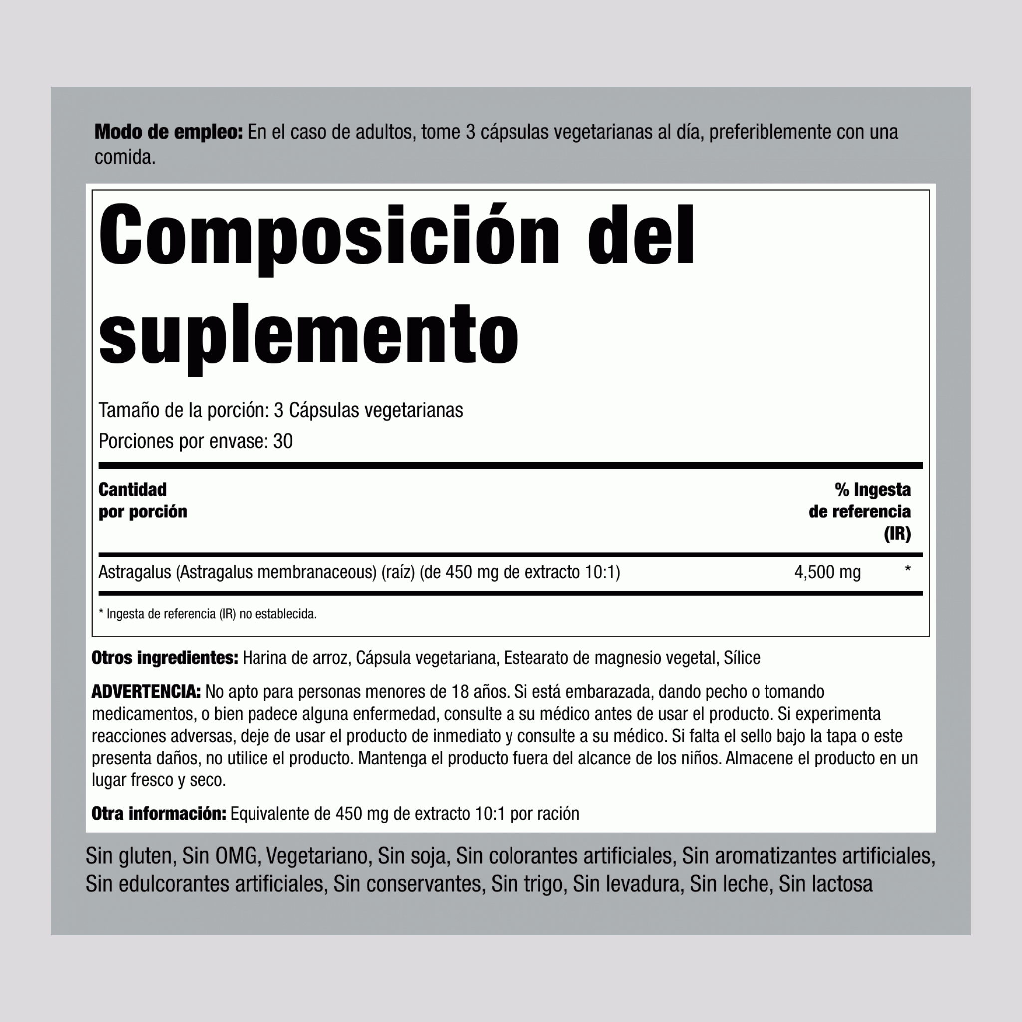 Raíz de astrágalo ,  4500 mg (por porción) 90 Cápsulas vegetarianas 2 Botellas/Frascos