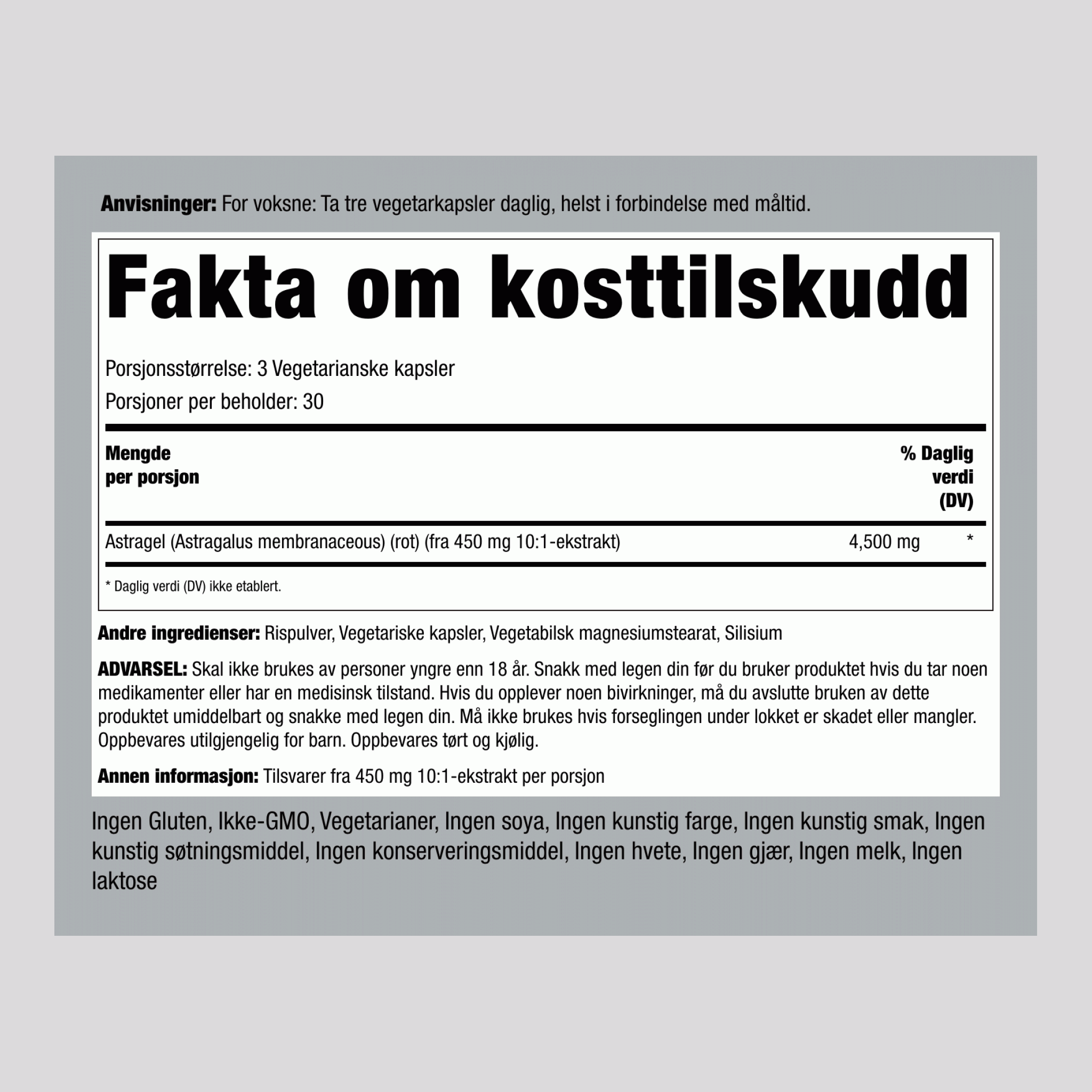 Astragalus-rot ,  4500 mg (per dose) 90 Vegetarianske kapsler 2 Flasker