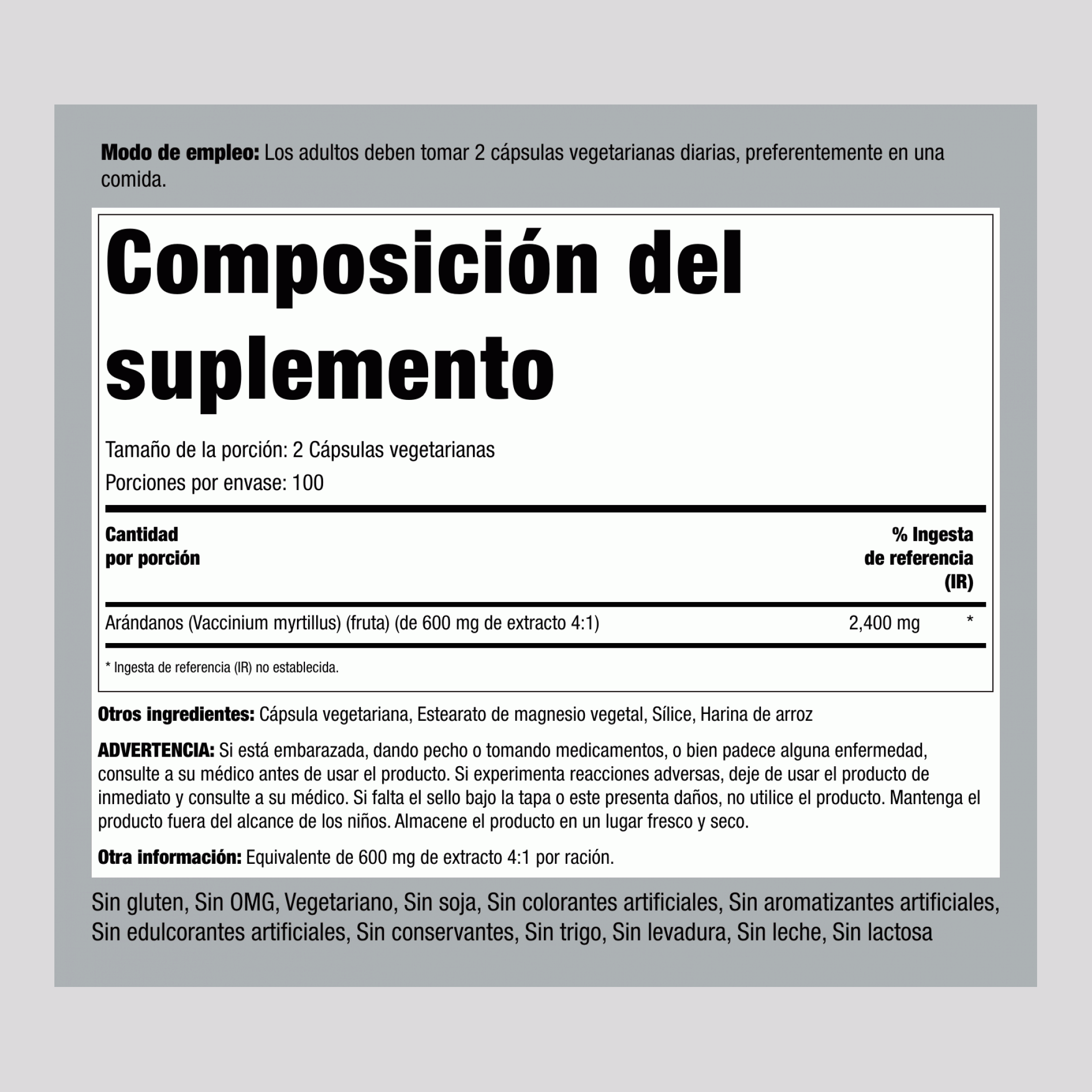 Extracto de arándano  2400 mg (por porción) 200 Cápsulas vegetarianas     