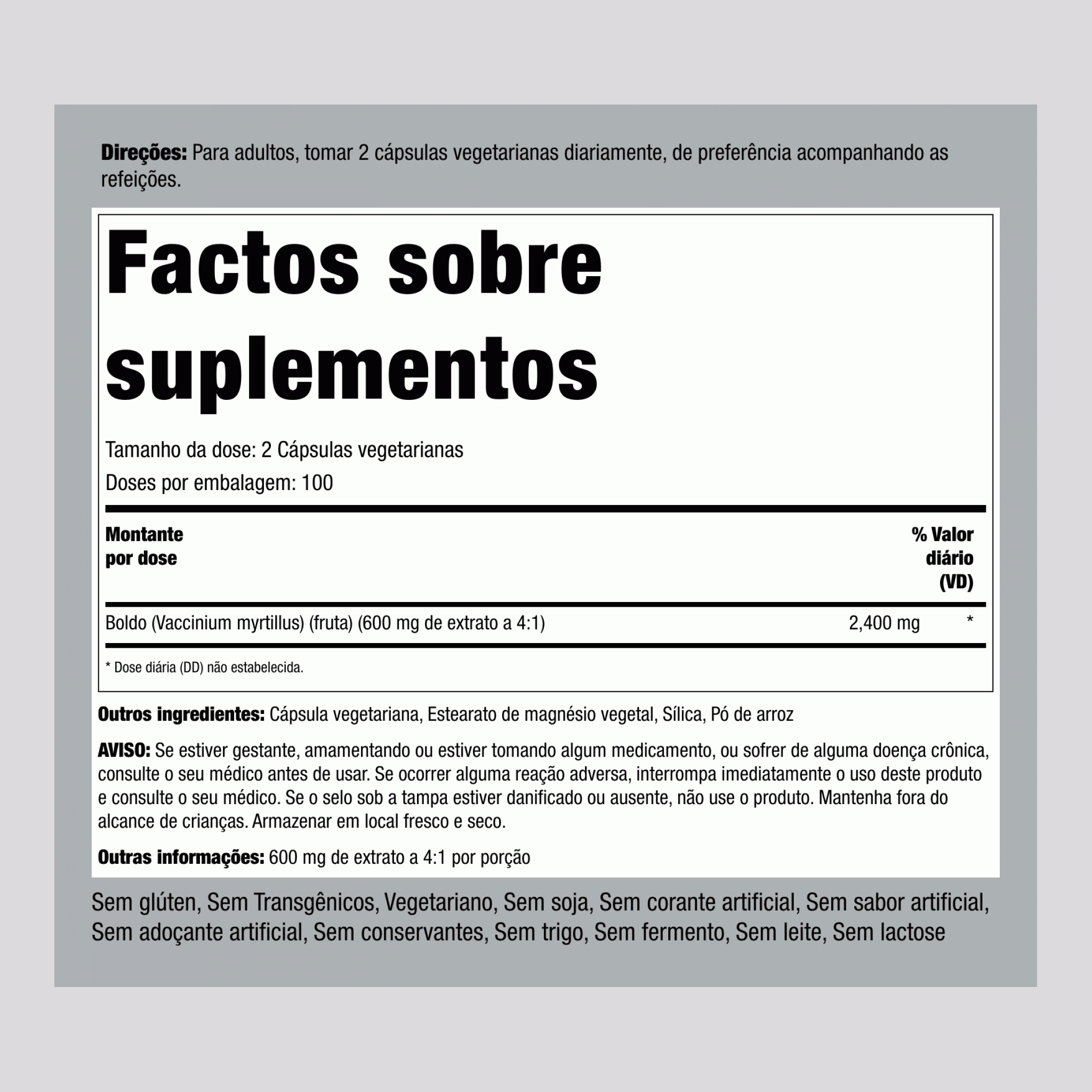 Extrato de mirtilos  2400 mg (por dose) 200 Cápsulas vegetarianas     