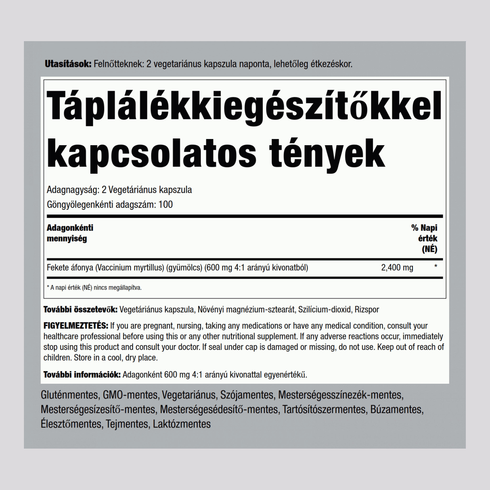 Áfonyakivonat  2400 mg (adagonként) 200 Vegetáriánus kapszula     