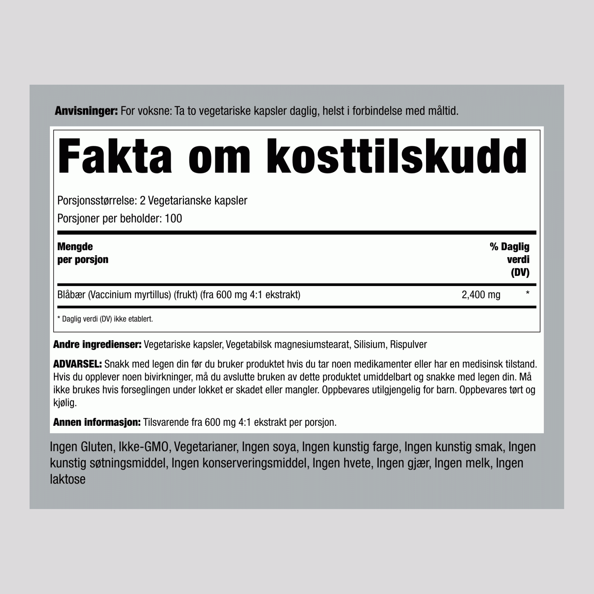 Blåbærekstrakt  2400 mg (per dose) 200 Vegetarianske kapsler 2 Flasker  