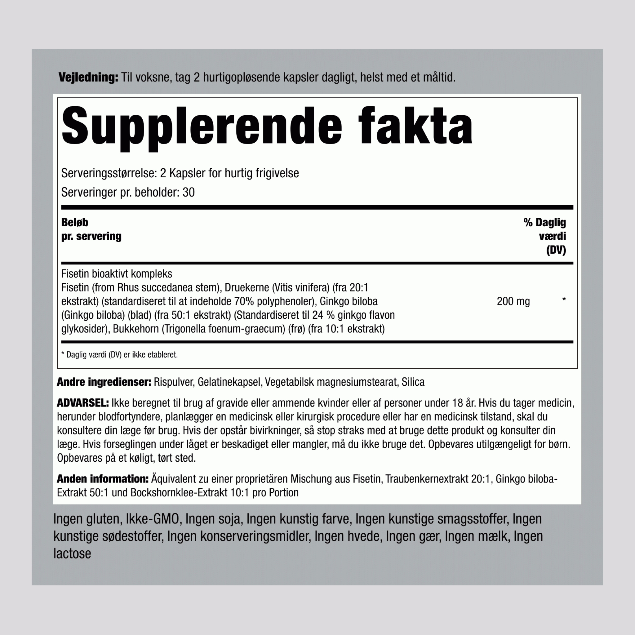 Fisetin-kompleks,  200 mg (pr. dosering) 60 Kapsler for hurtig frigivelse
