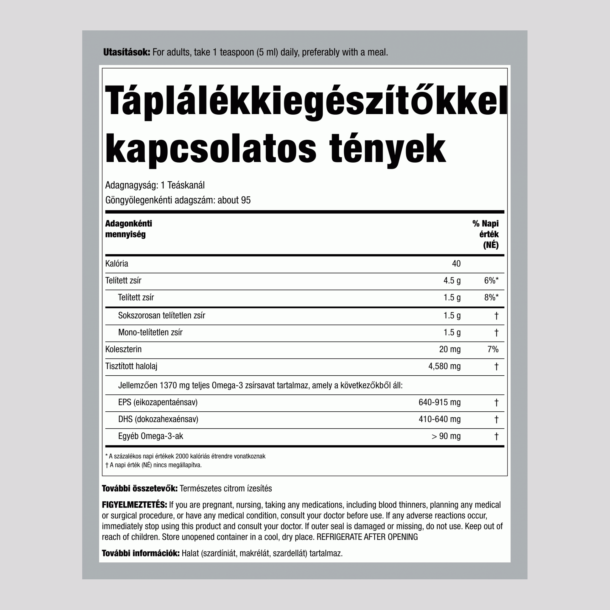 Folyékony Omega-3 (természetes citrom),  4580 mg (adagonként) 16 fl oz 473 ml Palack