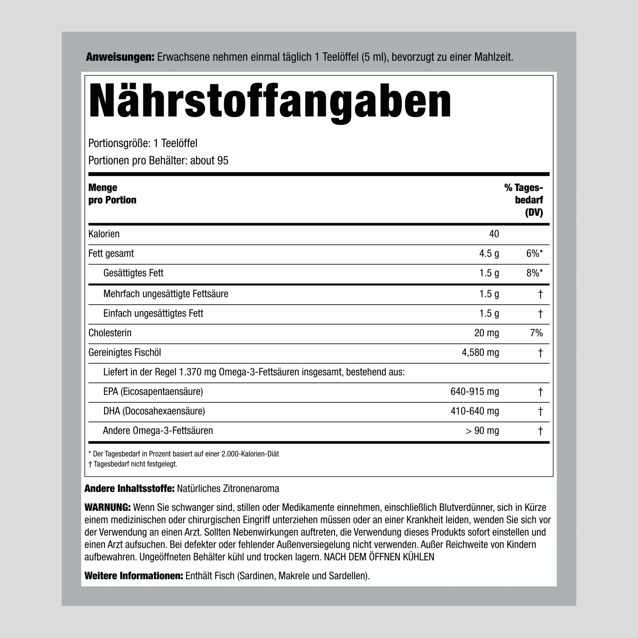 Flüssiges Omega-3 (natürliche Zitrone), 4580 mg (pro Portion), 16 fl oz (473 mL) Flasche, 2 Flaschen