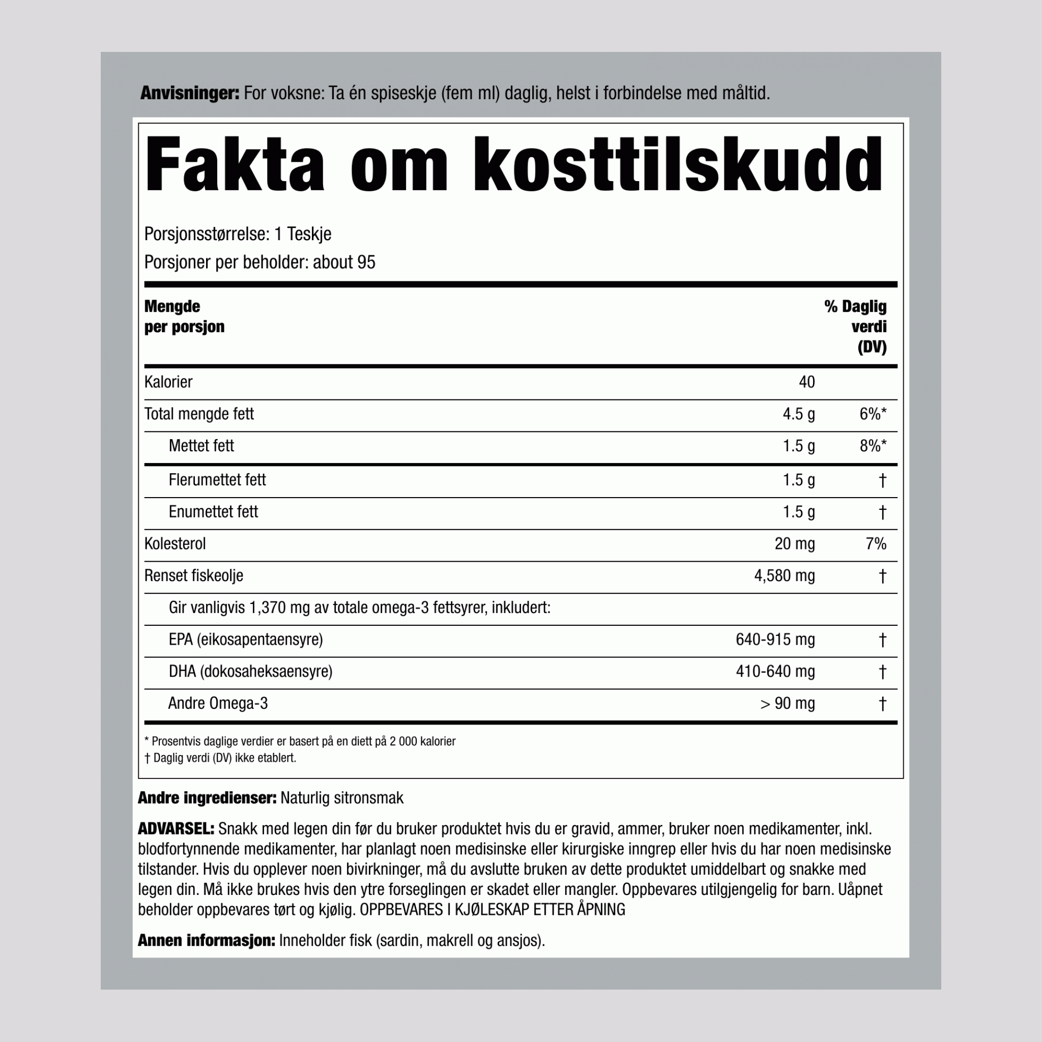 Flytende Omega-3 (naturlig sitron), 4580 mg (per porsjon), 16 fl oz (473 mL) flaske, 2 flasker