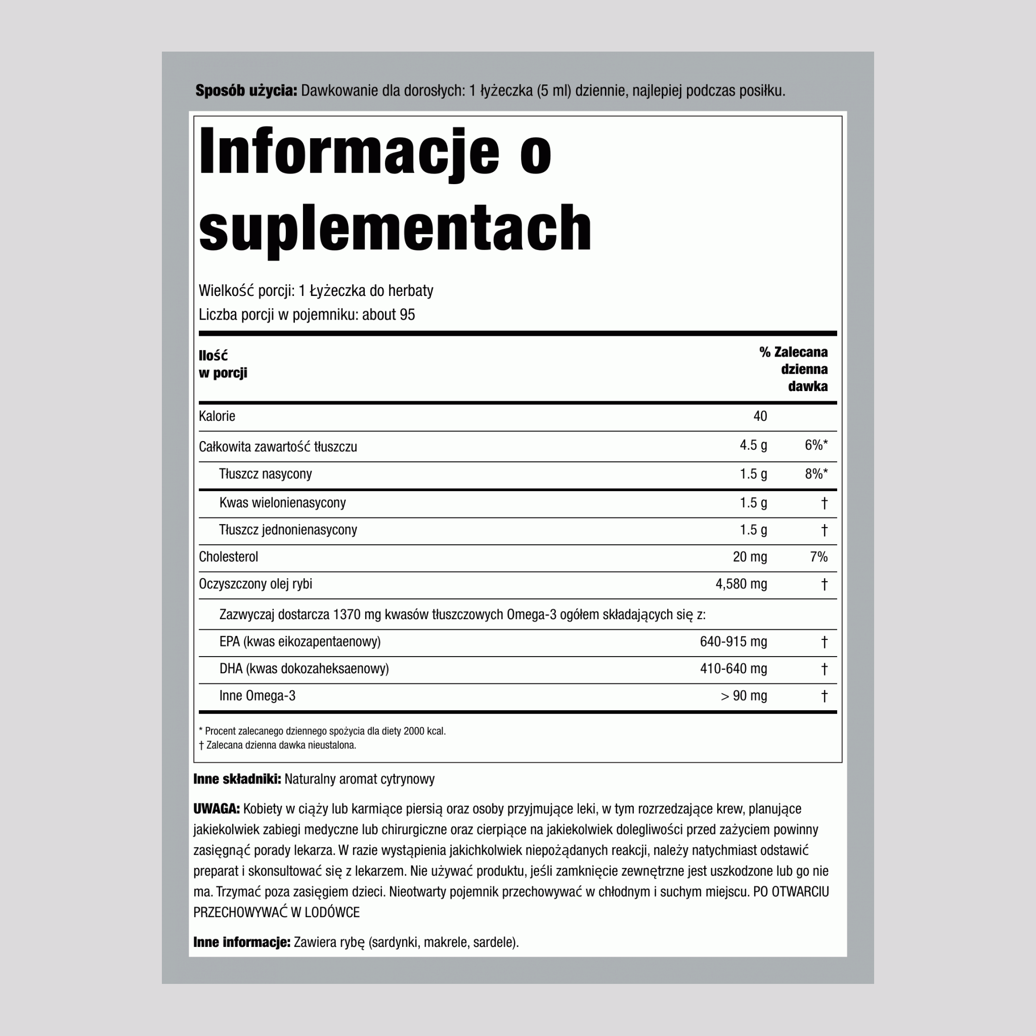 Płynne Omega-3 (Naturalna Cytryna), 4580 mg (na porcję), Butelka 16 fl oz (473 mL), 2 Butelki